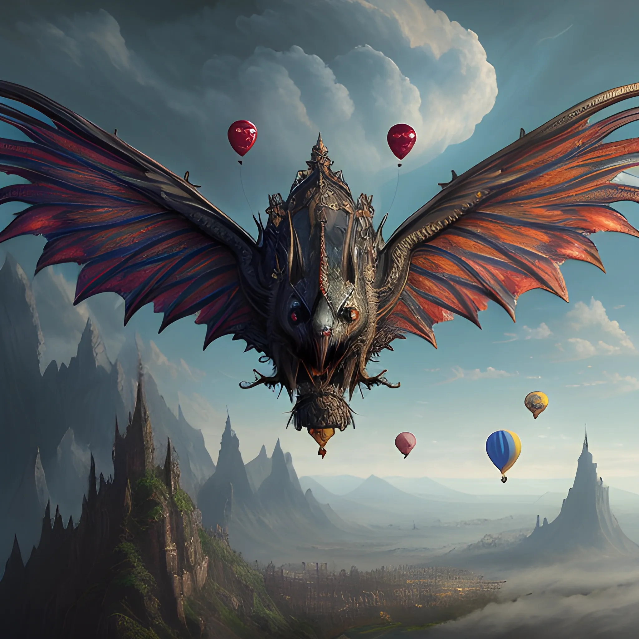 Balloon with wings and fangs, photorealistic, hyperrealistic, detailed, detailed matte painting, deep color, fantastical, intricate detail, splash screen, complementary colors, fantasy concept art, 8k resolution trending on Artstation Unreal