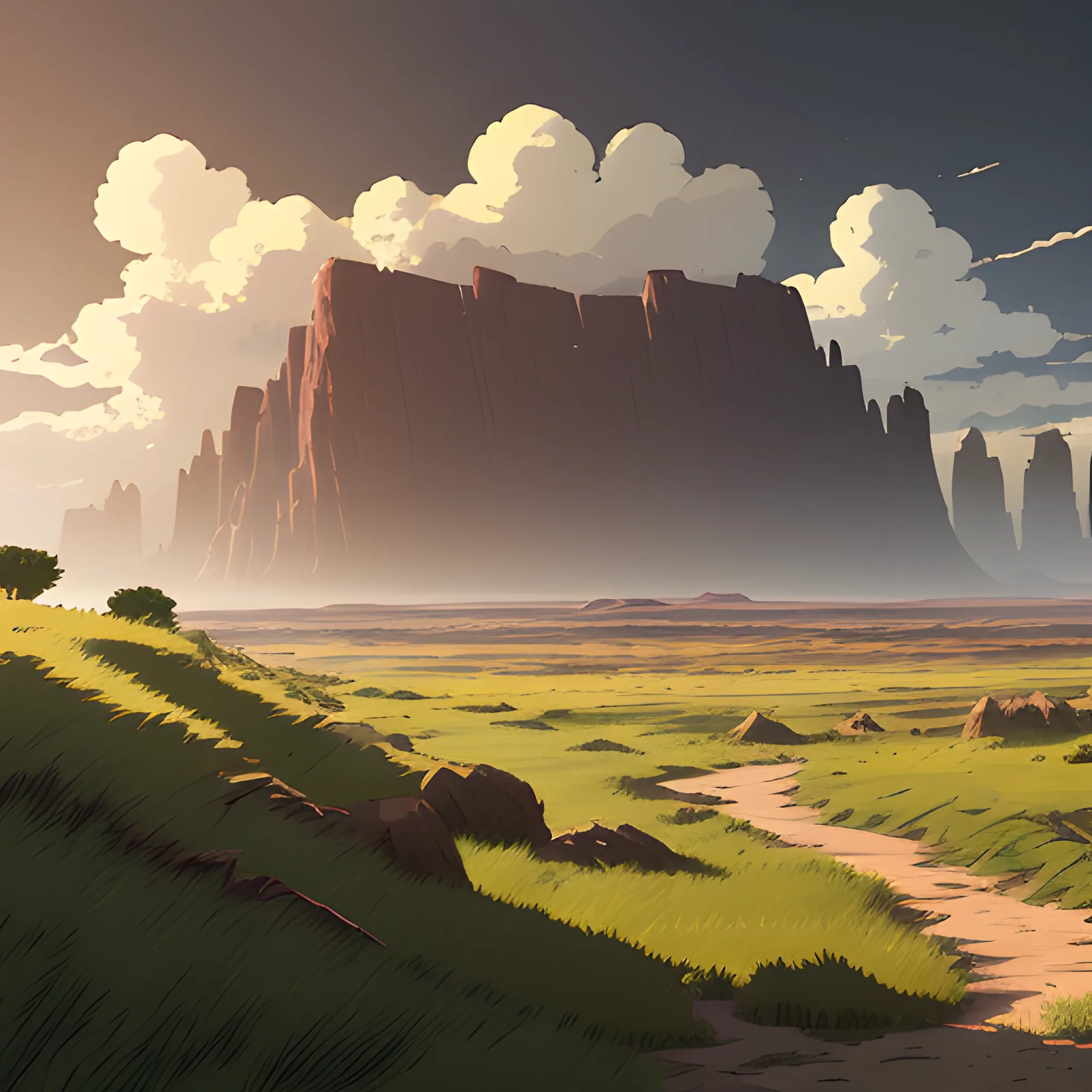 vast area of barren land with some grass... in the style of makoto shinkai and greg rutkowski and albert bierstadt and james gurney