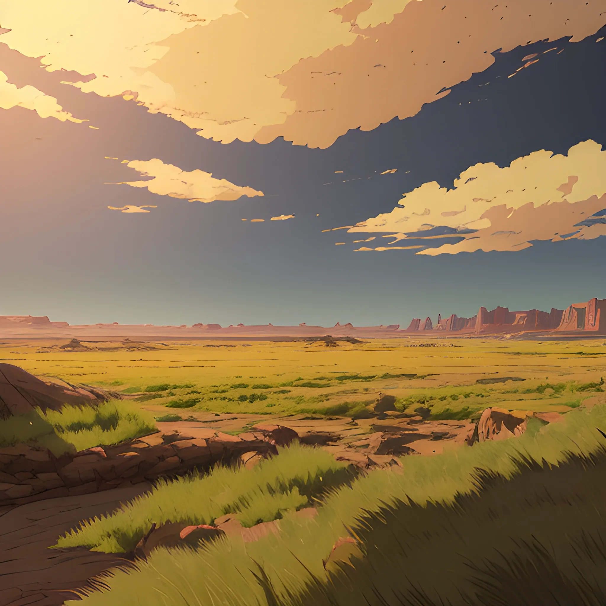 vast area of barren land with some grass... in the style of makoto shinkai and greg rutkowski and albert bierstadt and james gurney