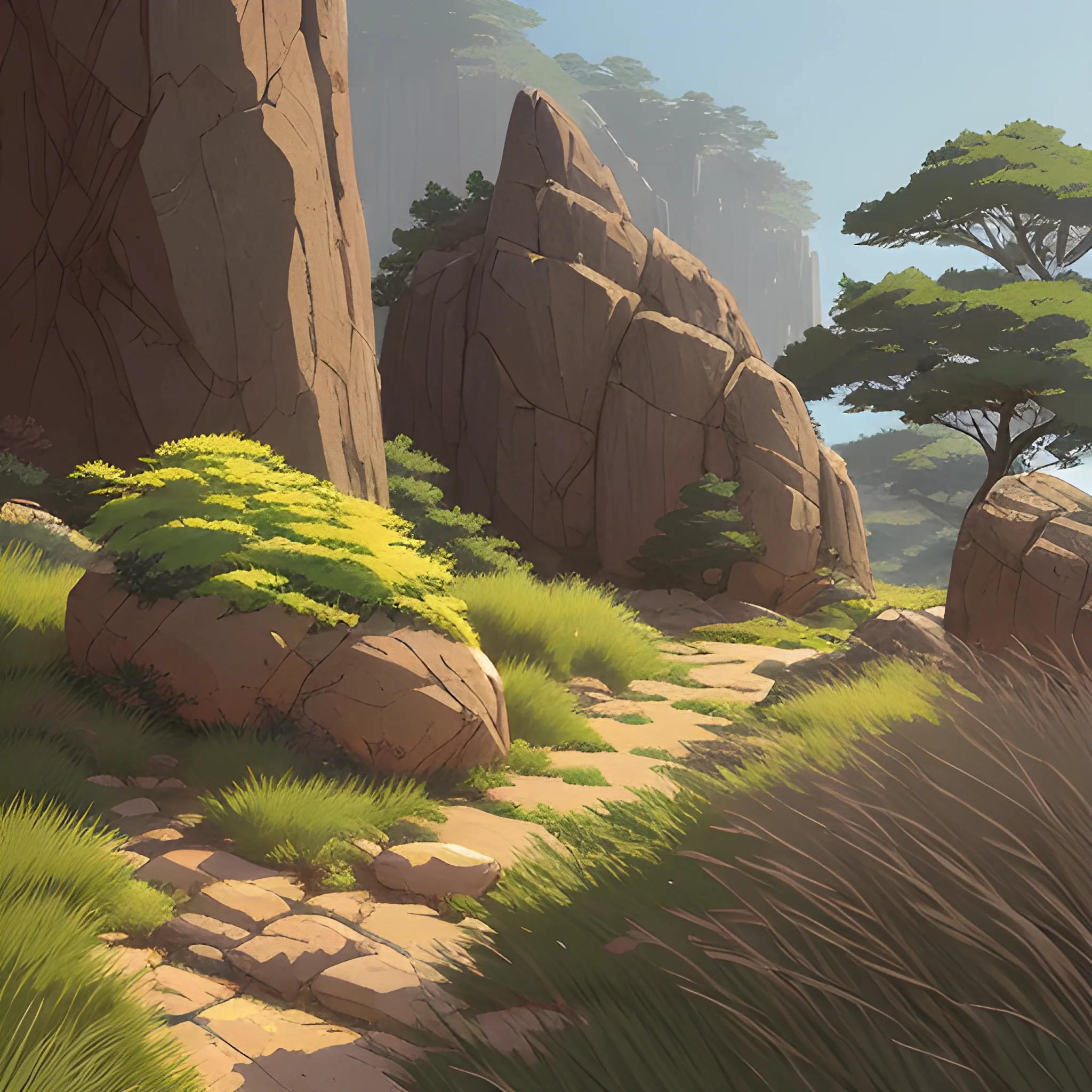 a bush with rocks and grasses... in the style of makoto shinkai and greg rutkowski and albert bierstadt and james gurney