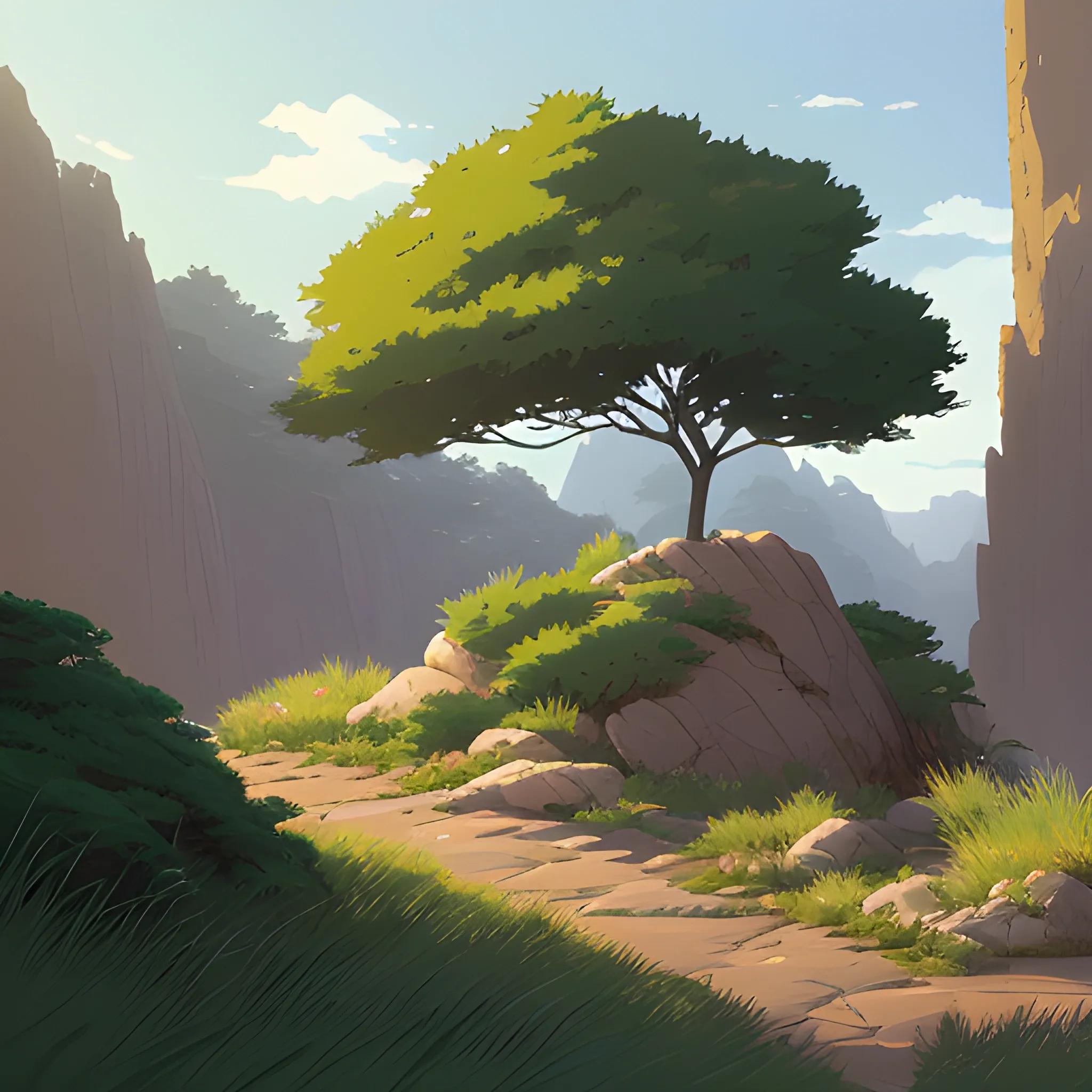 a bush with rocks and grasses... in the style of makoto shinkai and greg rutkowski and albert bierstadt and james gurney