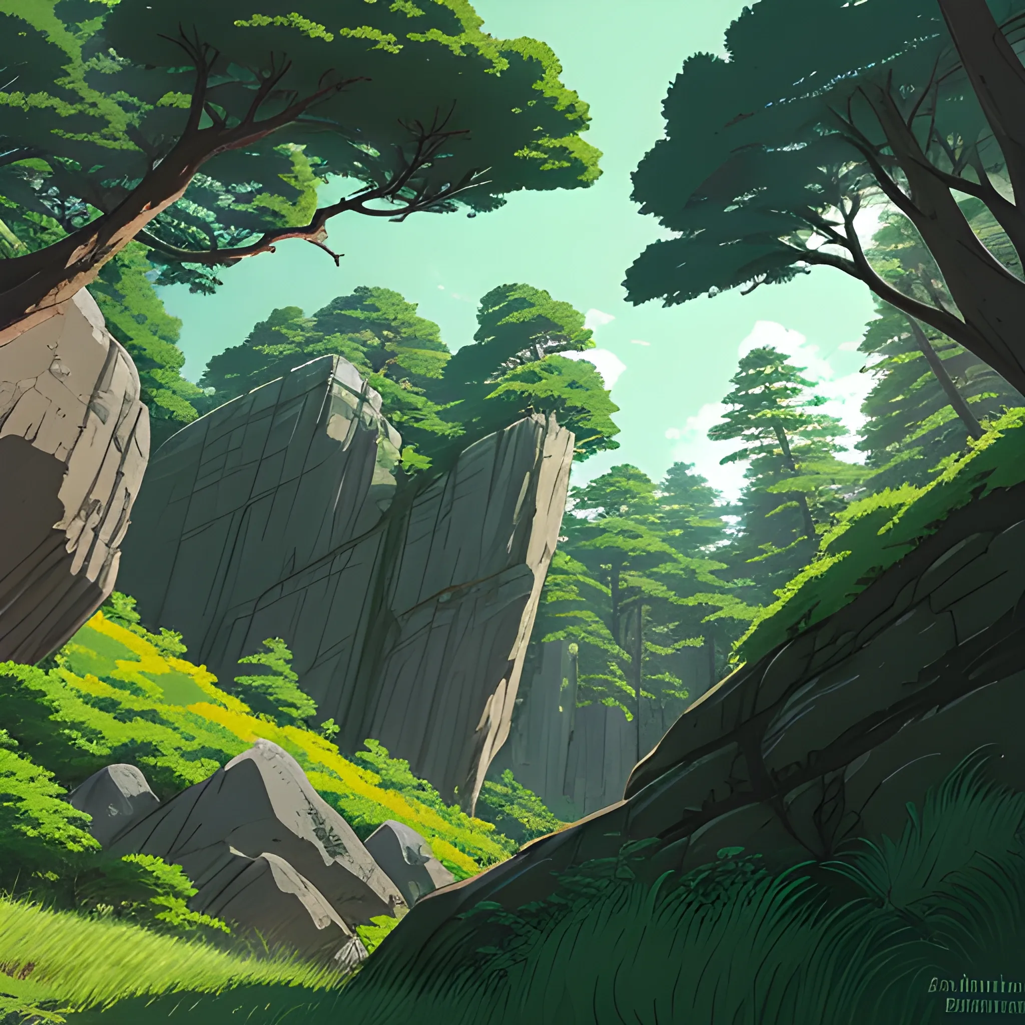 low angle view of high rocks and tall trees, grasses... in the style of makoto shinkai and greg rutkowski and albert bierstadt and james gurney