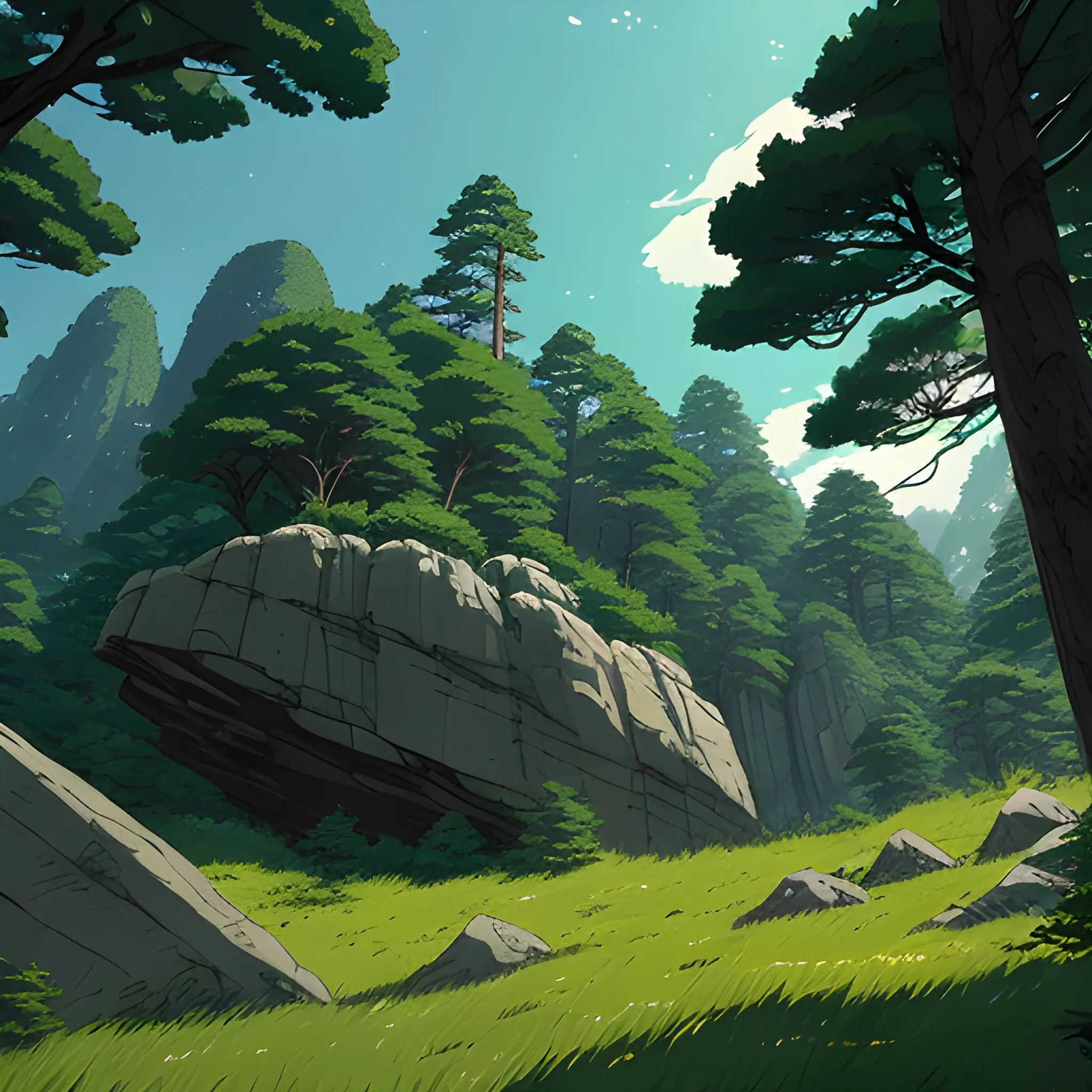 low angle view of high rocks and tall trees, grasses... in the style of makoto shinkai and greg rutkowski and albert bierstadt and james gurney