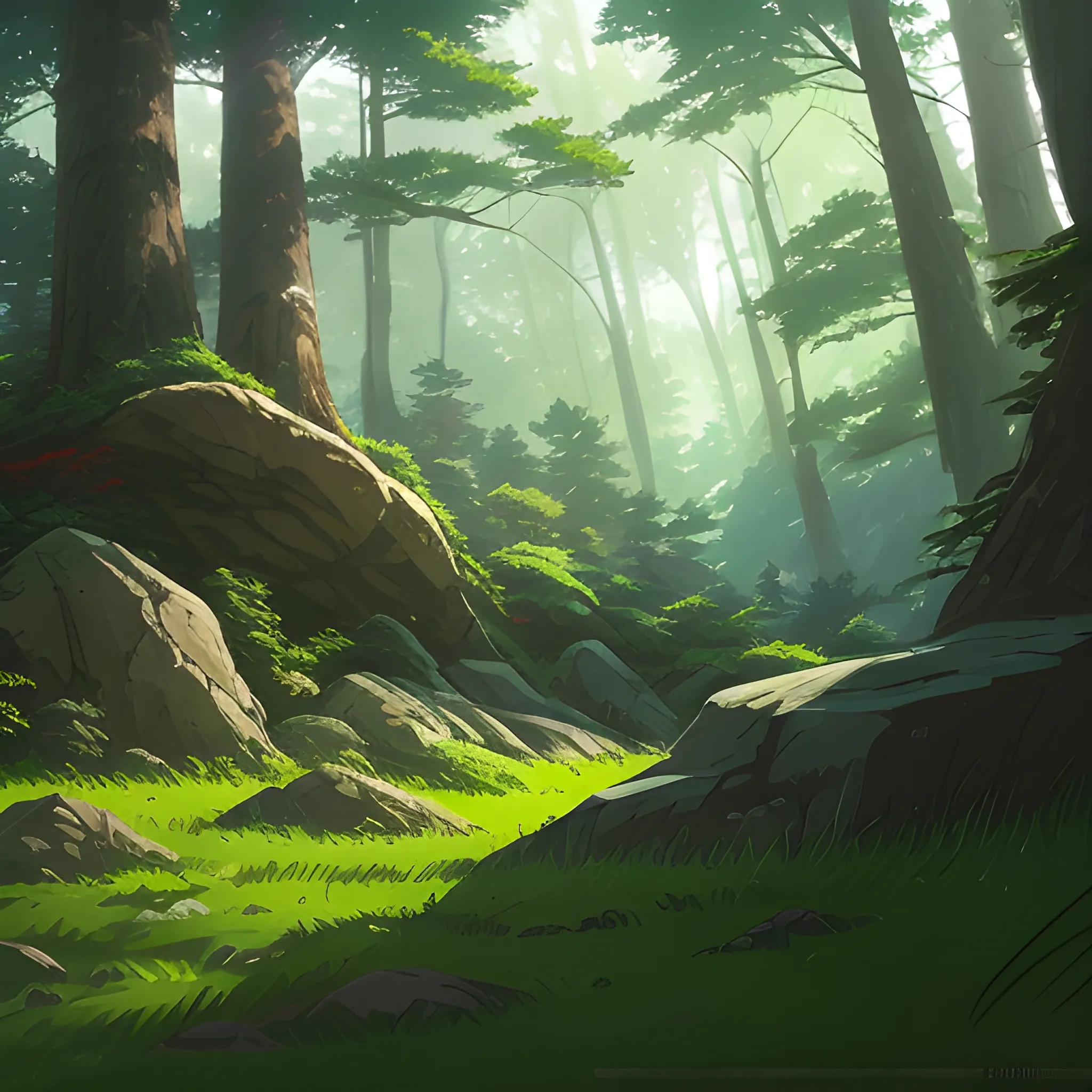 low angle, the dense forest with many fooliage, grass and trees, rocks... in the style of makoto shinkai and greg rutkowski and albert bierstadt and james gurney