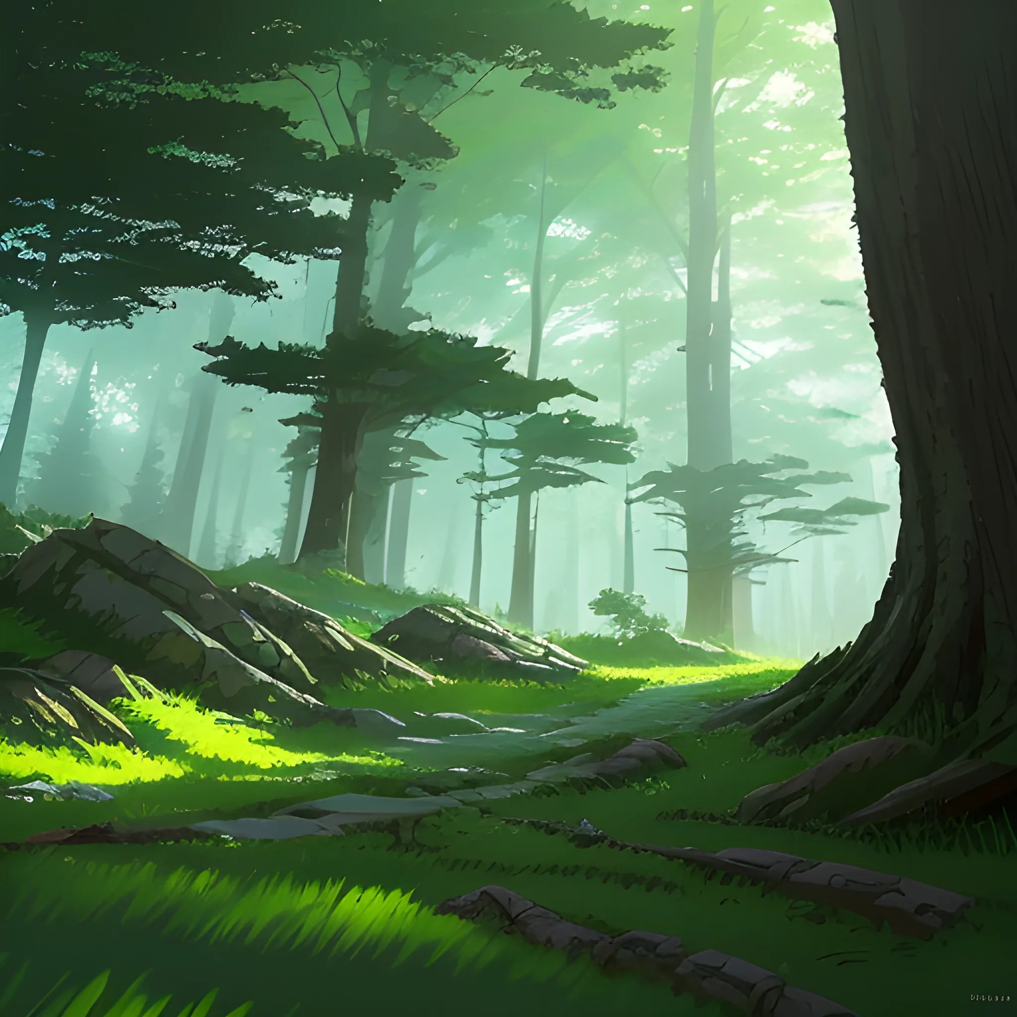 low angle, the dense forest with many fooliage, grass and trees, rocks... in the style of makoto shinkai and greg rutkowski and albert bierstadt and james gurney