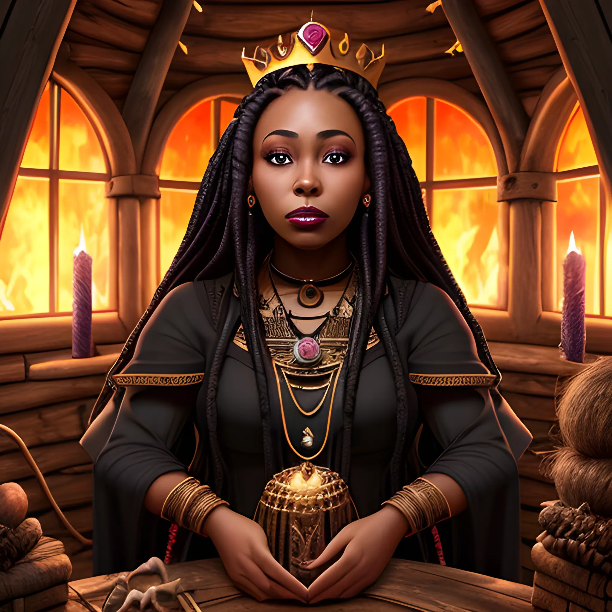 black woman, sorceress with ruby crown, box braids, in witch's hut