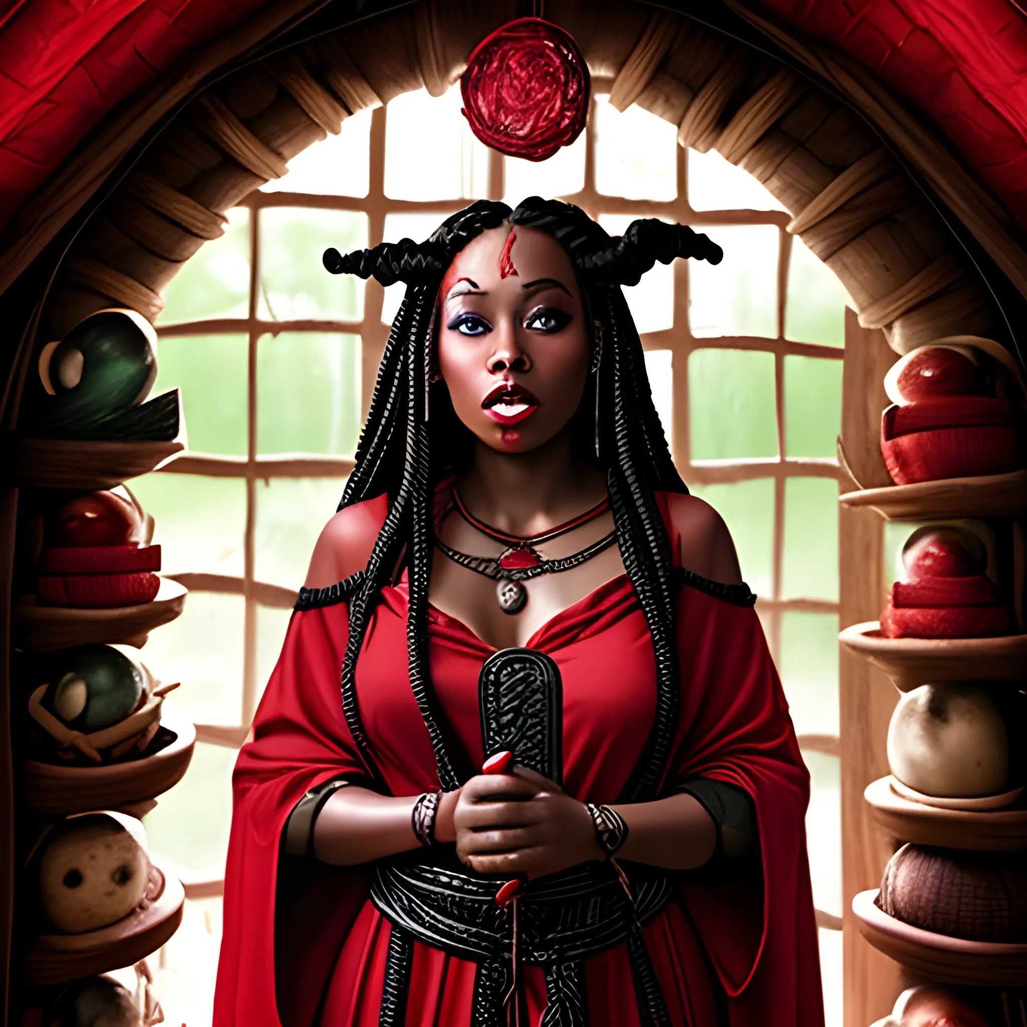 black woman, sorceress with ruby circlet, box braids, in witch's hut, red and black robes