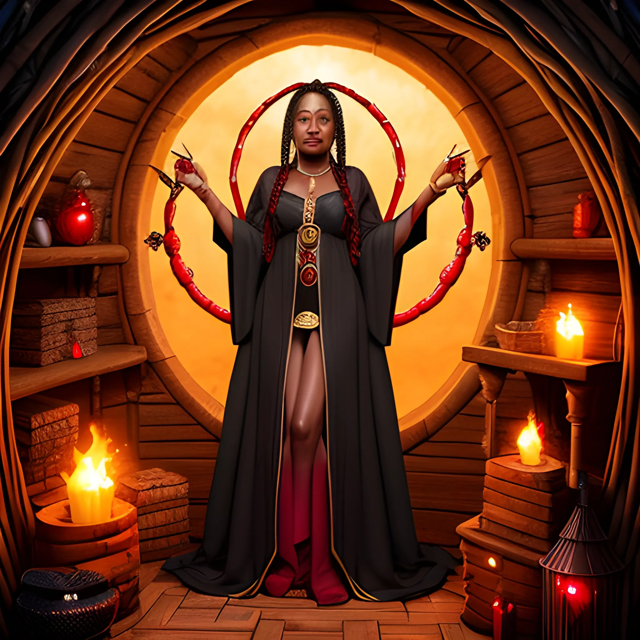 black woman, sorceress with gold and ruby circlet, box braids, in witch's hut, red and black robes