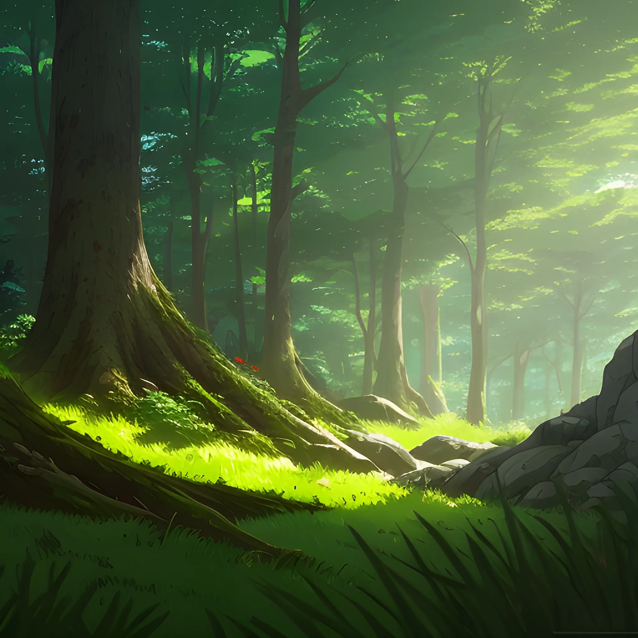 low angle, the dense forest with many fooliage, grass and trees, rocks... in the style of makoto shinkai and greg rutkowski and albert bierstadt and james gurney