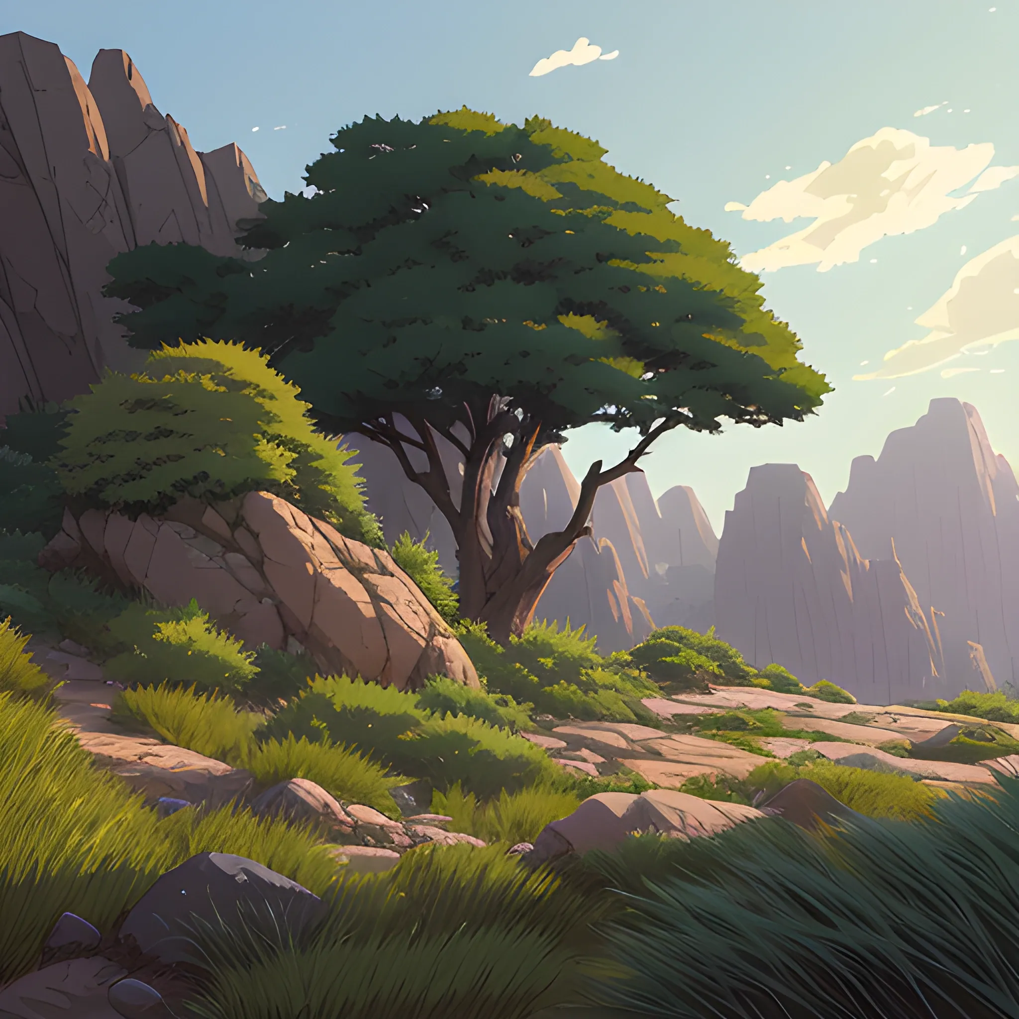 a bush with rocks and grasses... in the style of makoto shinkai and greg rutkowski and albert bierstadt and james gurney