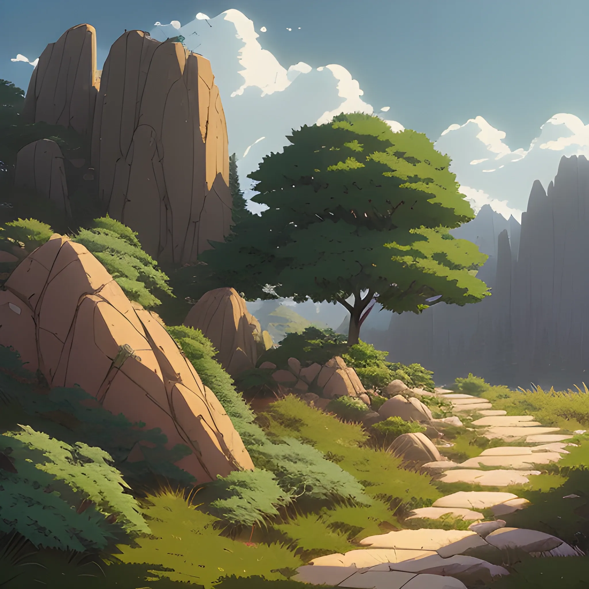 a bush with rocks and grasses... in the style of makoto shinkai and greg rutkowski and albert bierstadt and james gurney