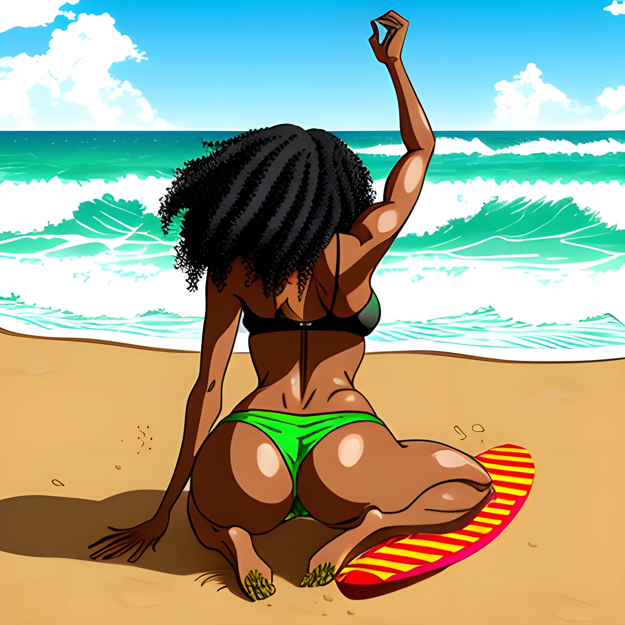 Anime, beach, rear view, brownskin, cute girl, black curly hair, green bra, green panties, cartoon, hand under butt, a surfboard stuck in the sand next to the girl