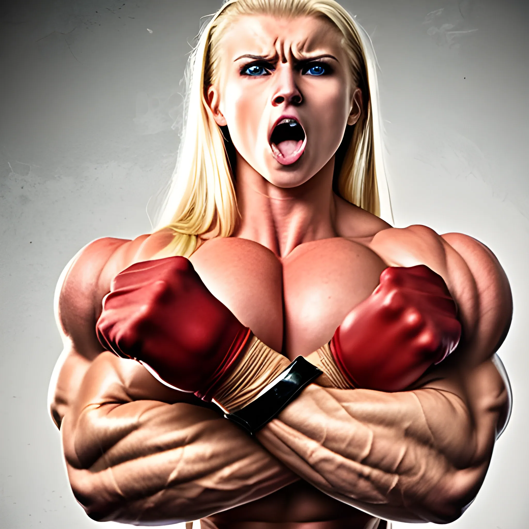 20 year old blonde woman with hyper large muscles and super human strength with rage