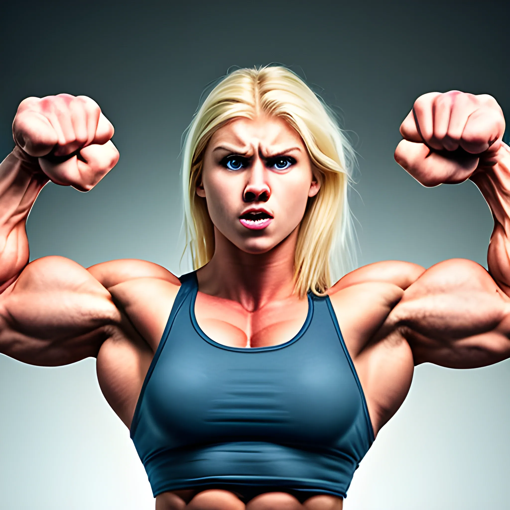 20 year old blonde woman with hyper large muscles and super human strength with rage