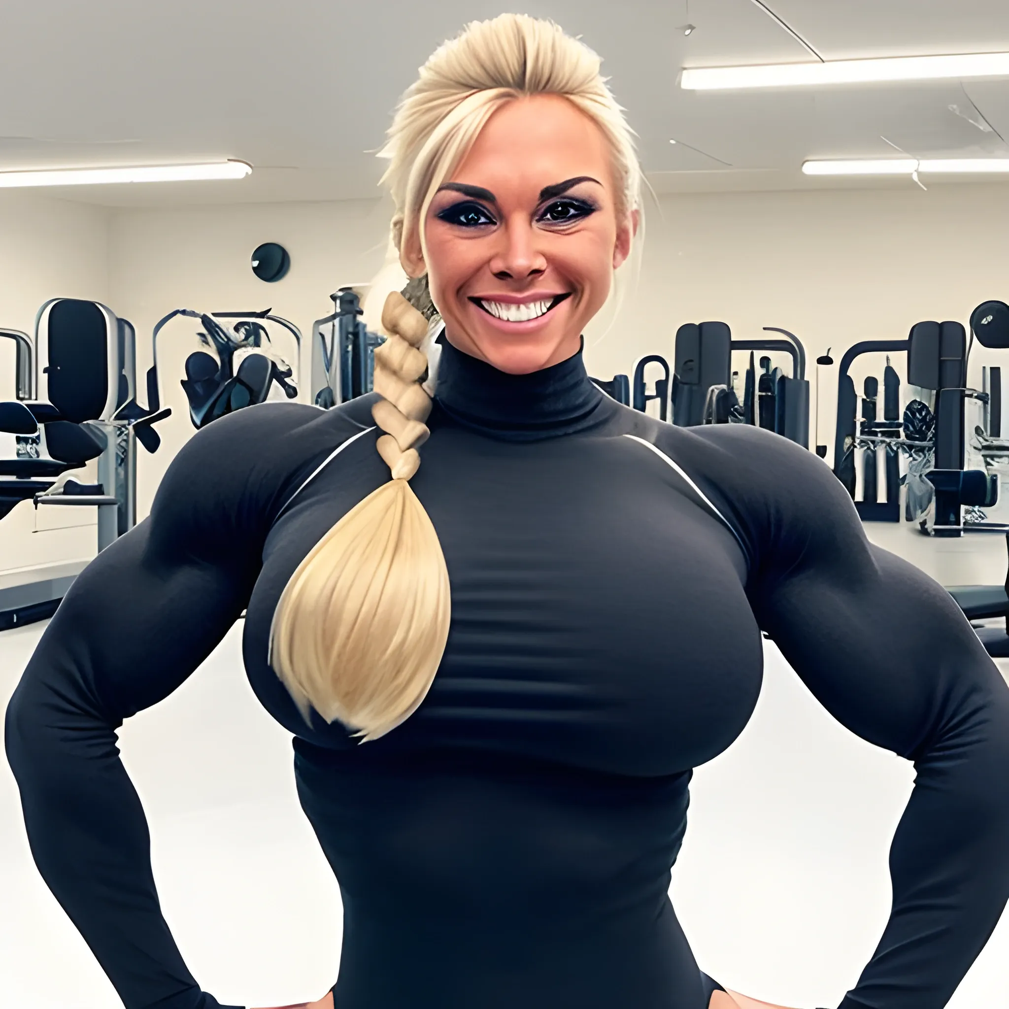 extremely beautiful Swedish HUGE female bodybuilding competitor, with blonde hair in ponytail, with large breast implants, perfect in every way, with unusually large bicep peaks, with very narrow waist, with very slender hips, with long thick muscular legs, full red lips, with perfect teeth, smile, with tight firm buttocks, wearing tight long sleeve wool sweater and black leggings, flexing thick pectoral muscles, skiing on mountain, view from front