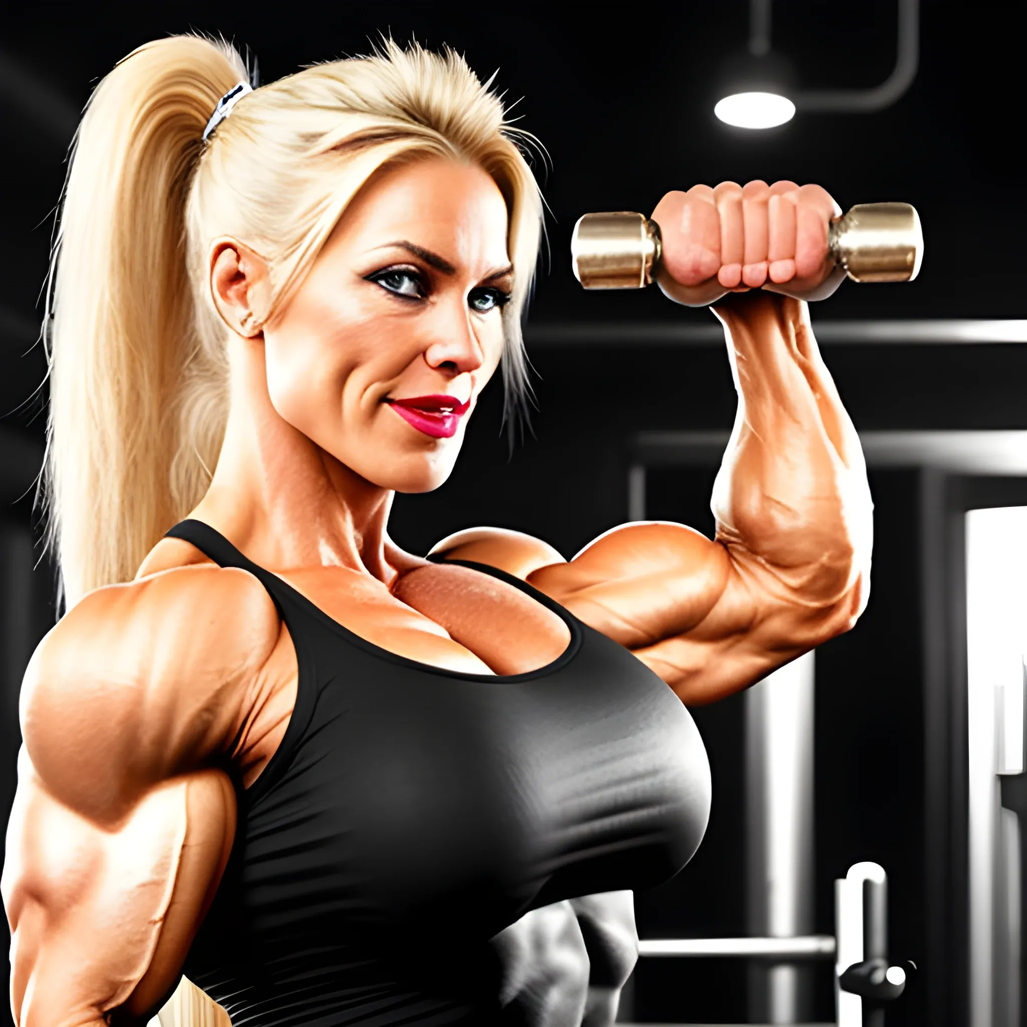 extremely beautiful Swedish HUGE female bodybuilding competitor, with blonde hair in ponytail, with large breast implants, perfect in every way, with unusually large bicep peaks, with very narrow waist, with very slender hips, with long thick muscular legs, full red lips, with perfect teeth, biting lower lip, with tight firm buttocks, wearing evening gown, flexing thick pectoral muscles, in bar crushing beer can with one hand, view from front