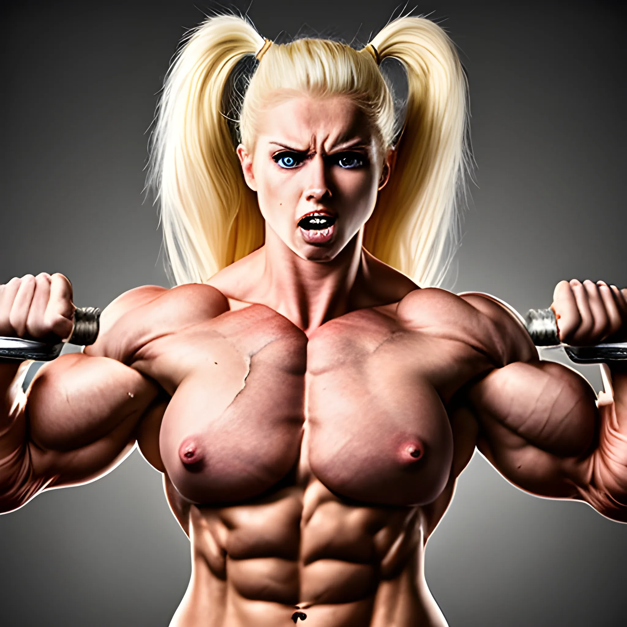 20 year old blonde woman with hyper large muscles and super human strength with rage