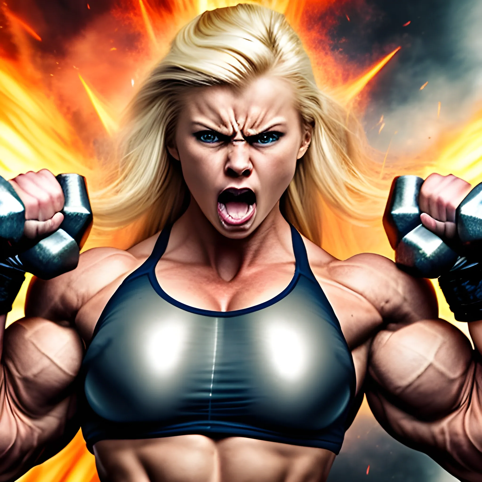 20 year old blonde woman with hyper large muscles and super human strength with unstoppable rage