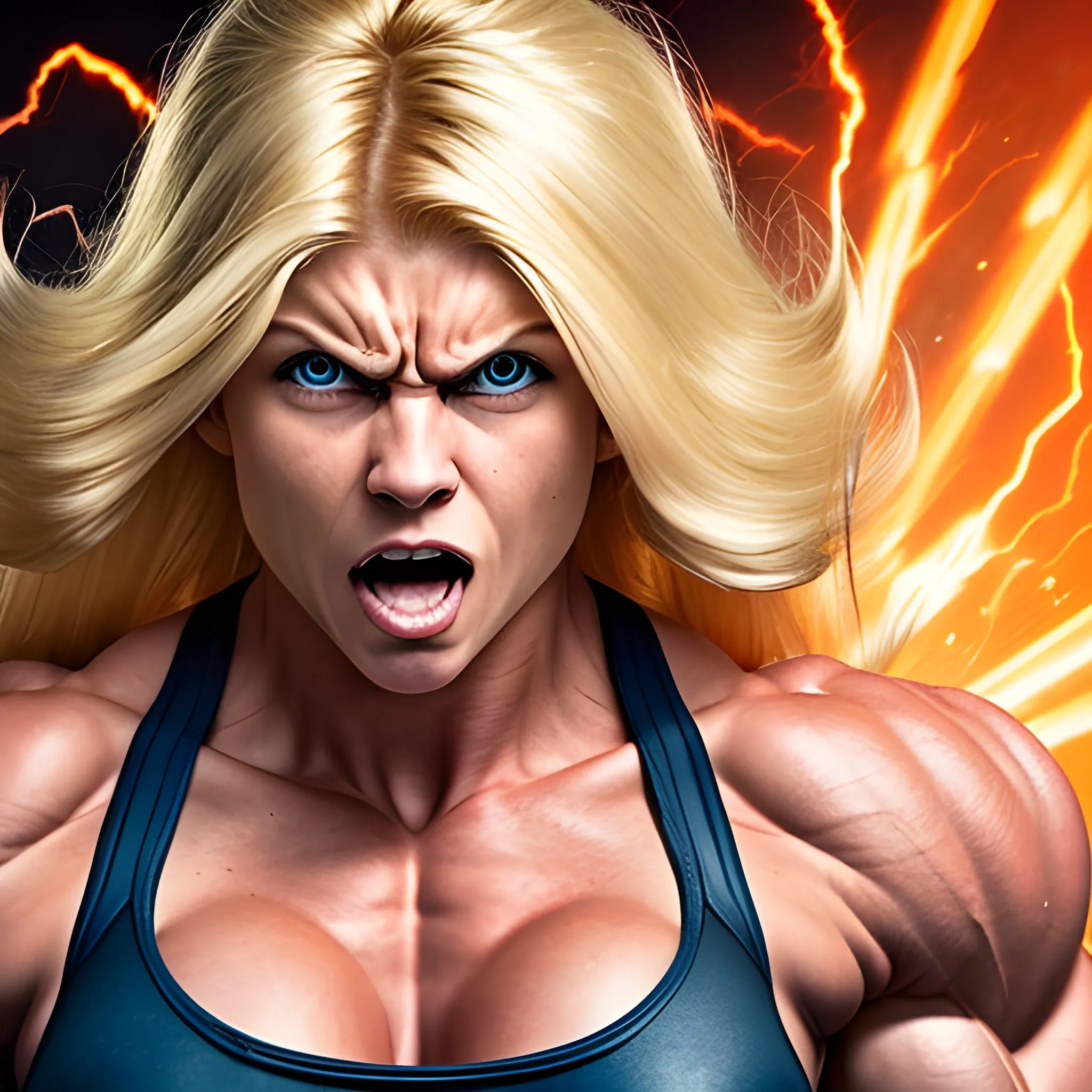 20 year old blonde woman with hyper large muscles and super human strength with unstoppable rage