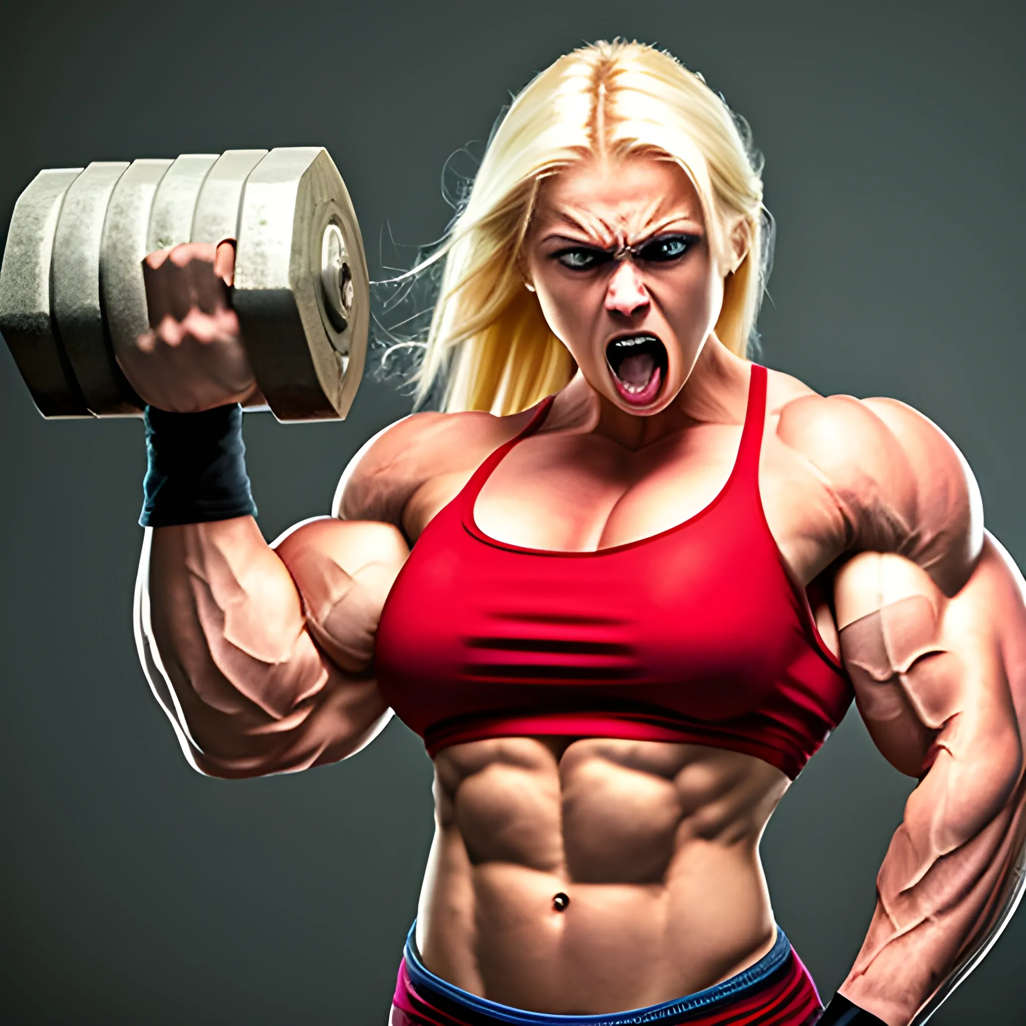 20 year old blonde woman with hyper large muscles and super human strength with unstoppable rage