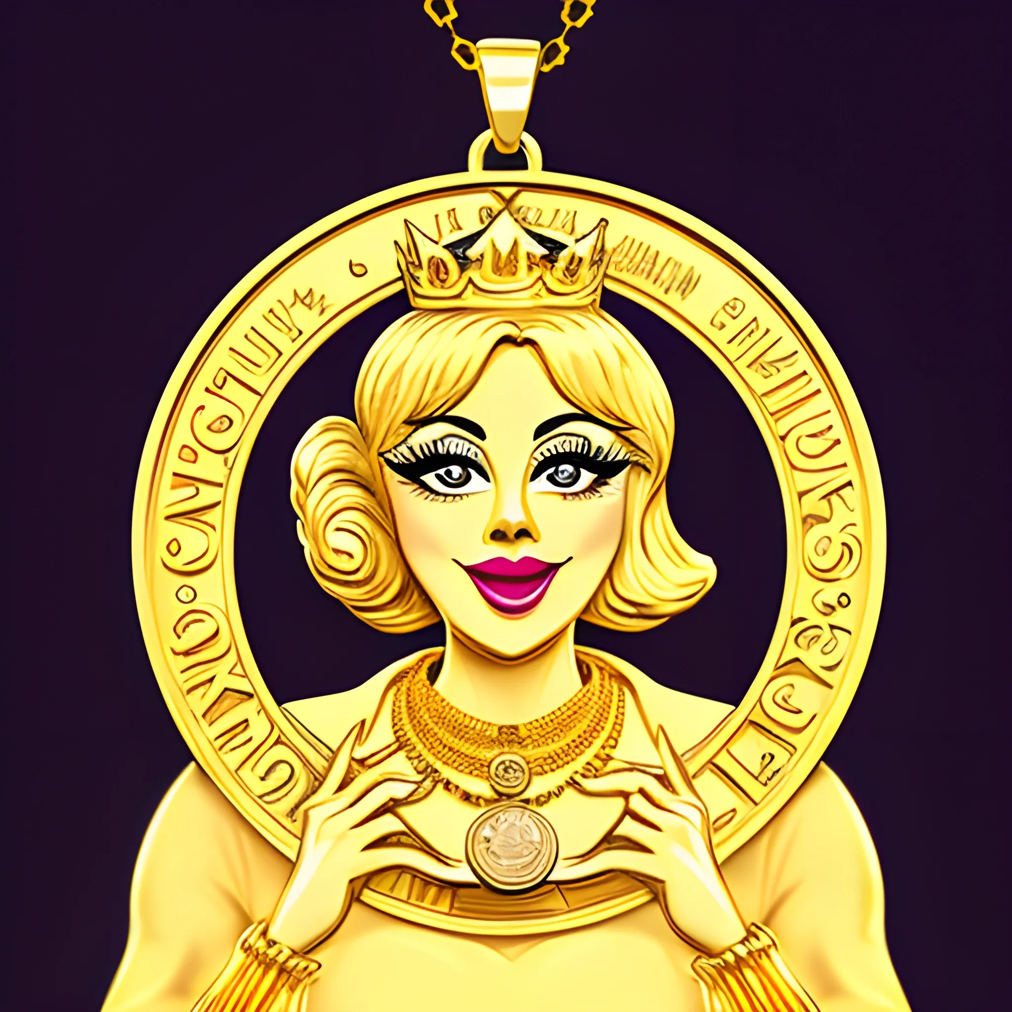 logo, white duck, gold coin in hand, crazy smile, gold crown, gold necklace, 2d illustration, vintage, disney style, big eyes, open mouth,