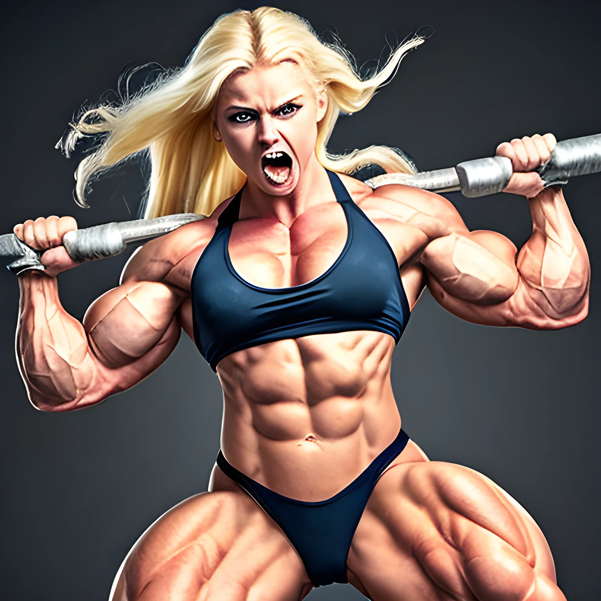 20 year old blonde woman with hyper large muscles and super human strength with unstoppable rage