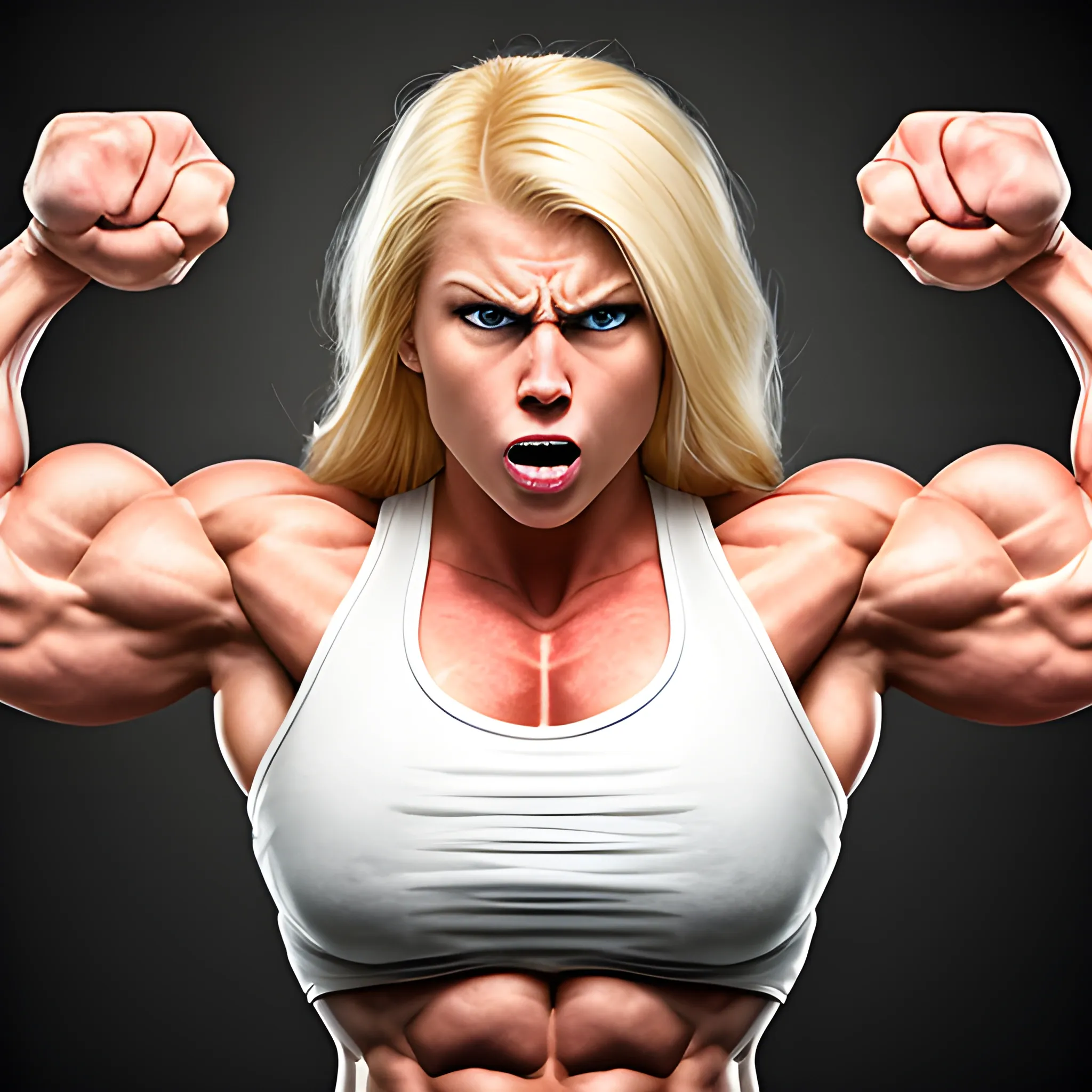 20 year old blonde woman with hyper large muscles and super human strength with unstoppable rage