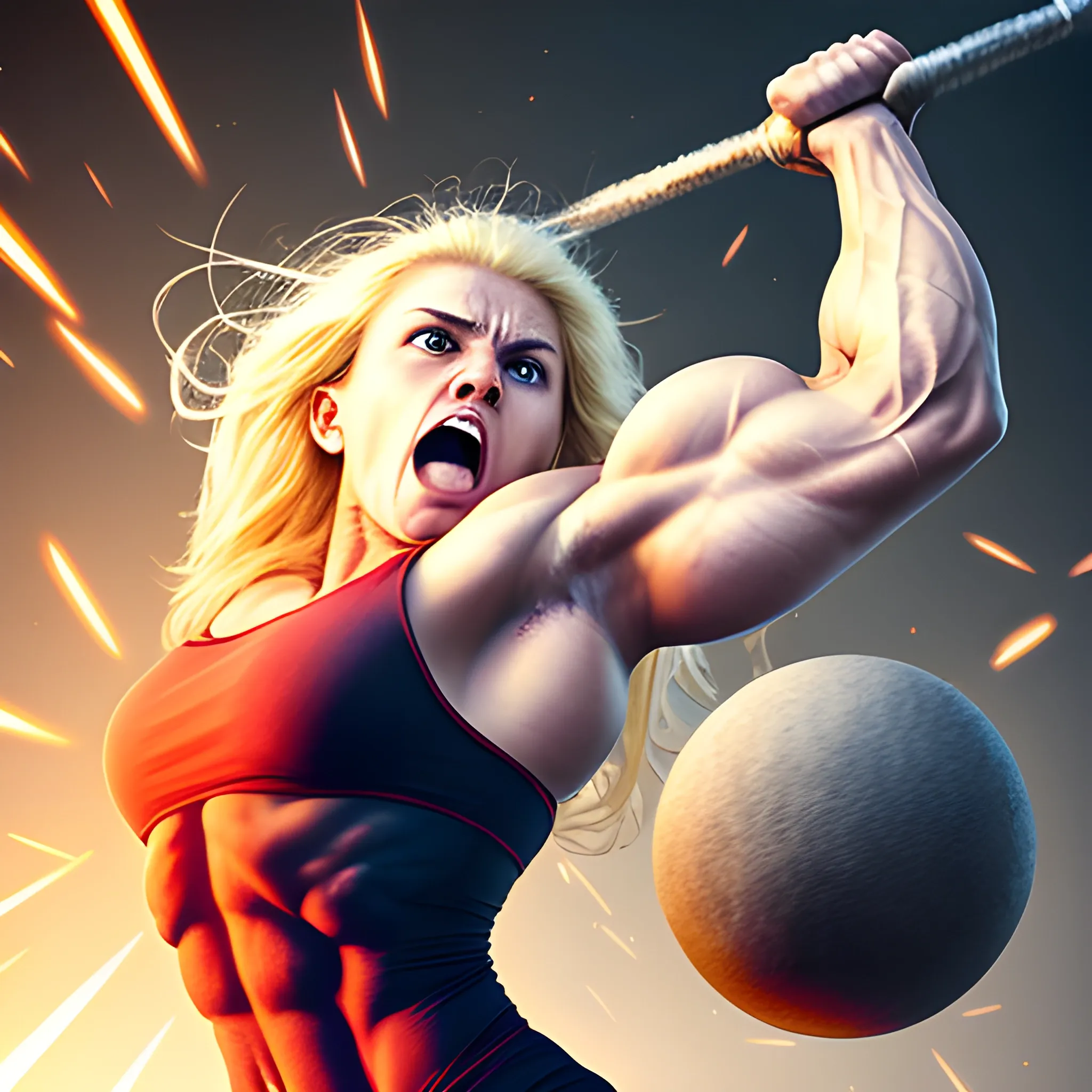 20 year old blonde woman with hyper large muscles and super human strength with unstoppable rage throwing heavy object