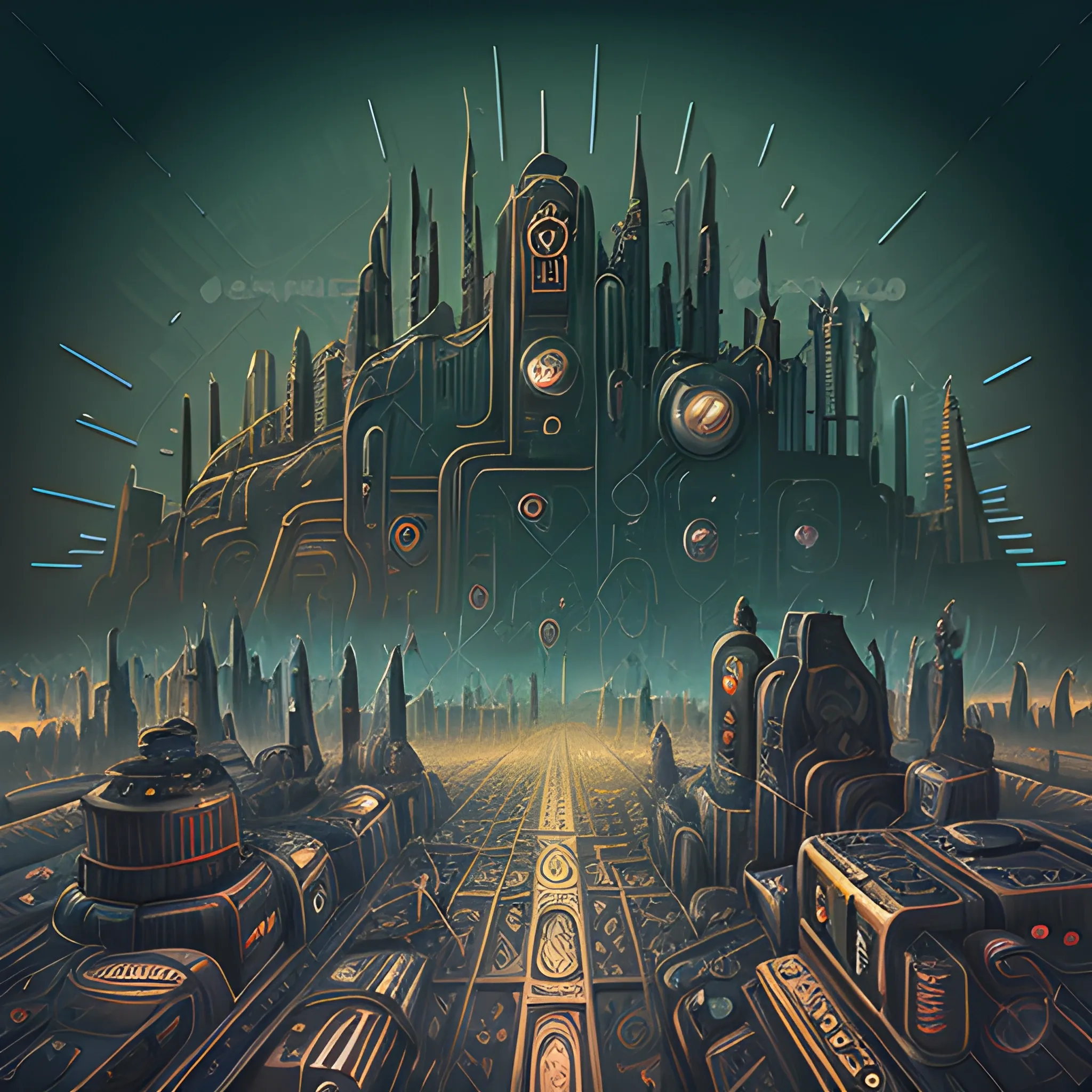 retro futuristic and abstract landscape of a dark city in perspective with steampunk style contrast paint