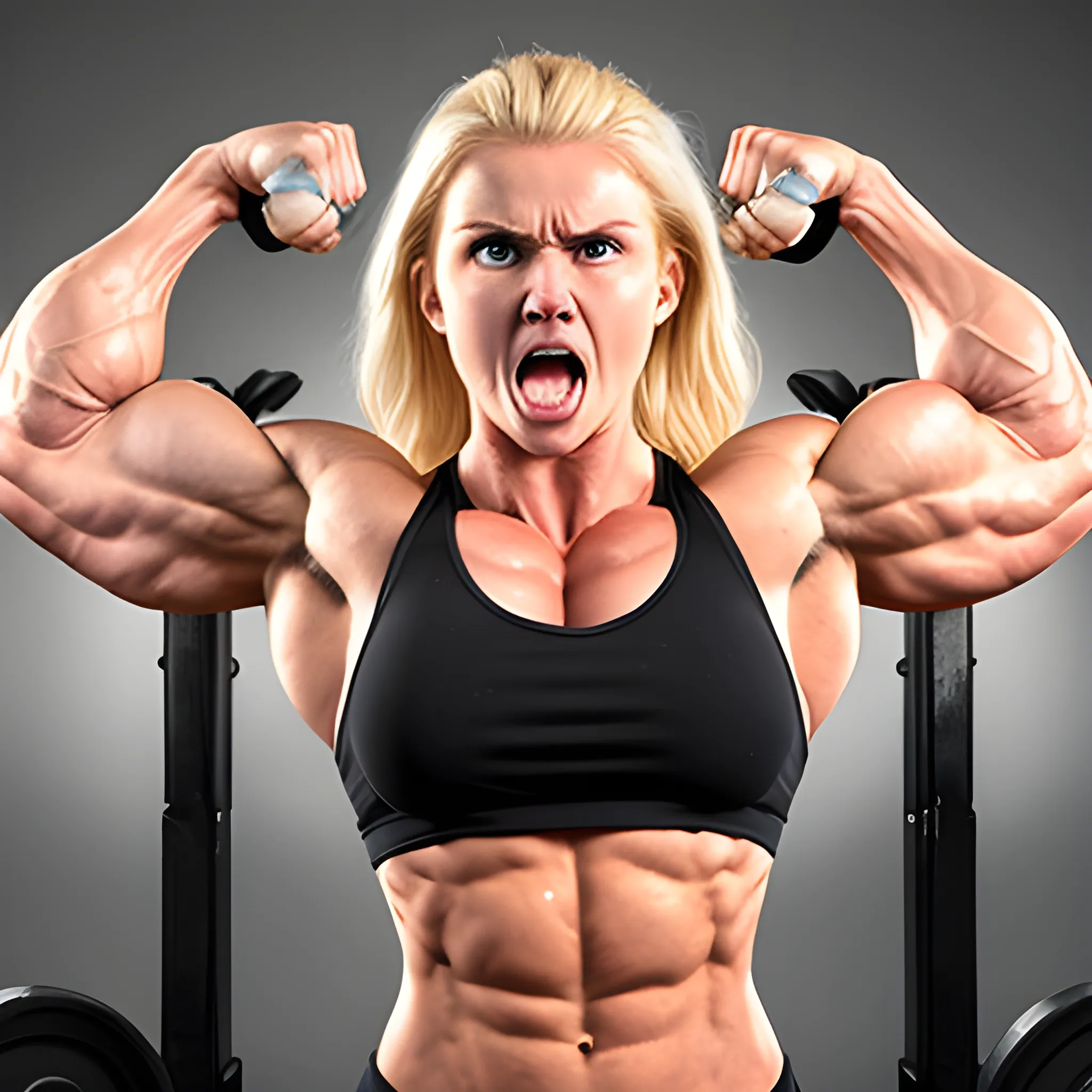 20 year old blonde woman with hyper large muscles and super human strength with unstoppable rage lifting tremendous boulder