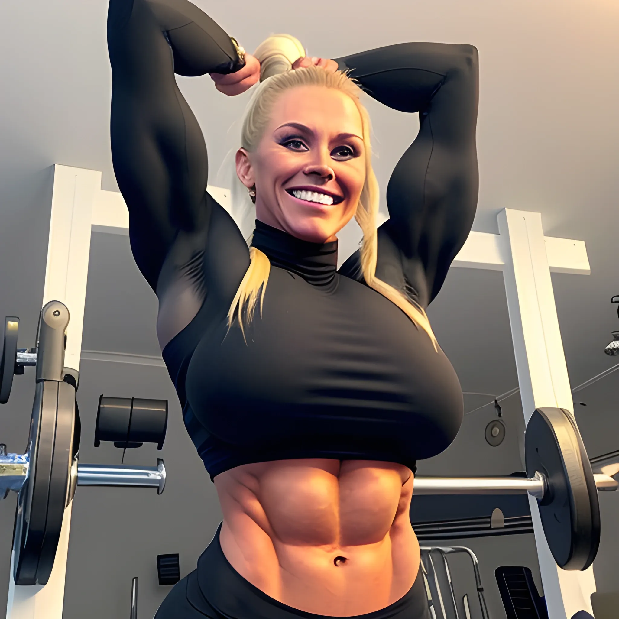 extremely beautiful Swedish HUGE female bodybuilding competitor, with blonde hair in ponytail, with large breast implants, perfect in every way, with unusually large bicep peaks, with very narrow waist, with very slender hips, with long thick muscular legs, full red lips, with perfect teeth, smile, with tight firm buttocks, wearing tight long sleeve wool sweater and black leggings, flexing thick pectoral muscles, skiing on mountain, view from front