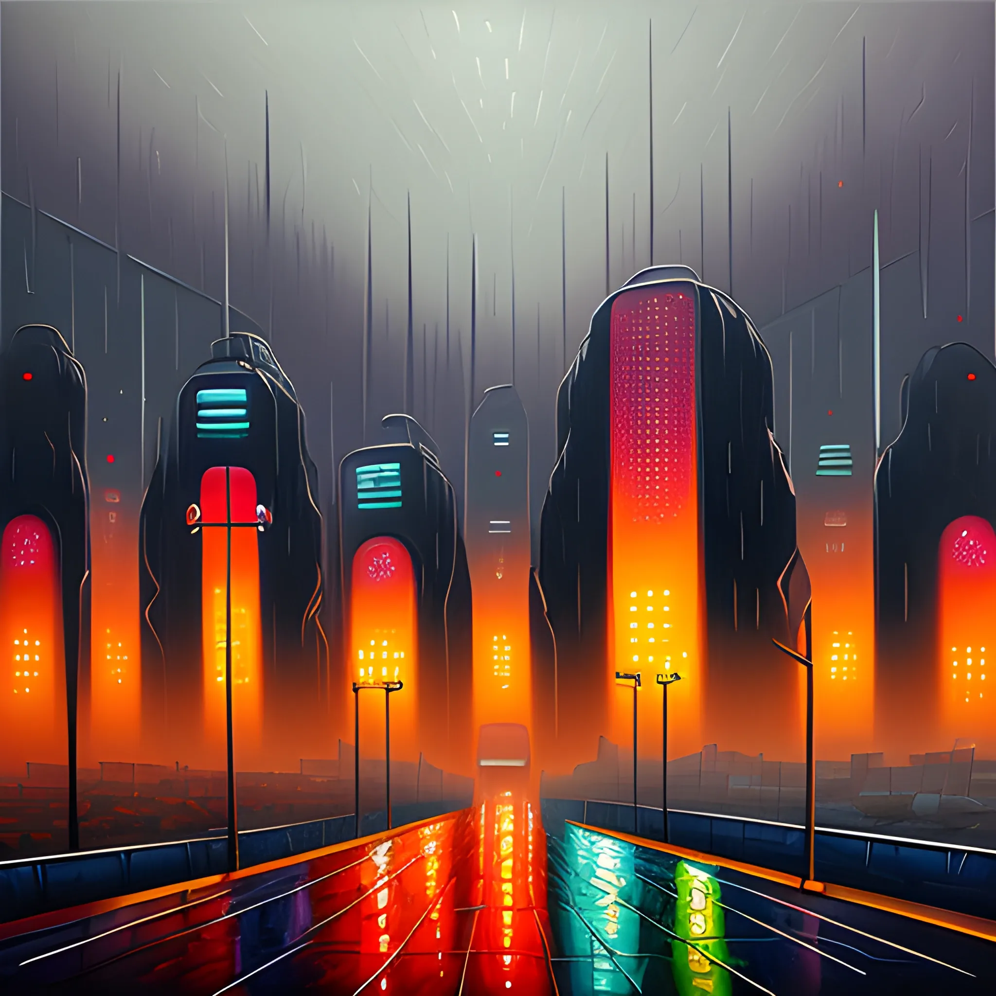 retro futuristic and abstract landscape of a dark city in perspective in a smog and rainy day, Oil Painting