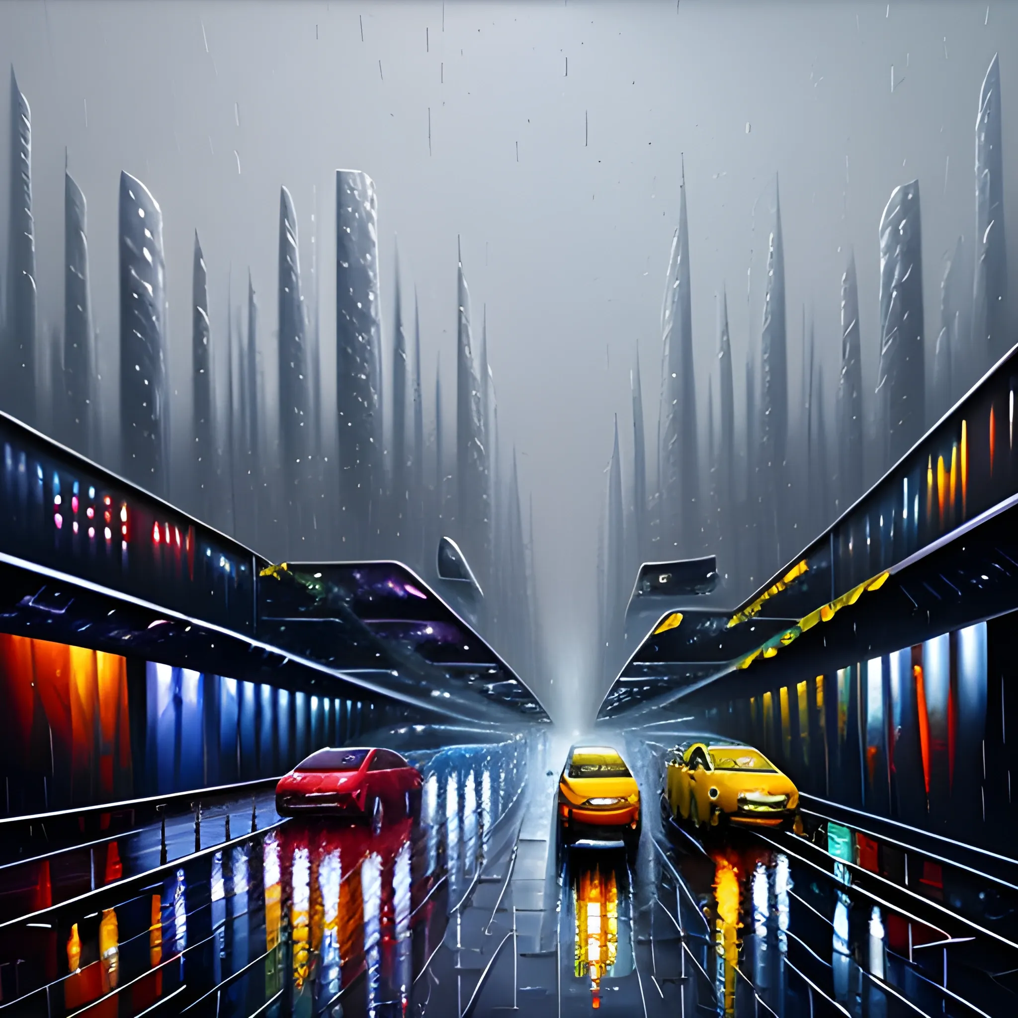 futuristic abstract landscape of a dark city with rainy day reflections of people and vehicules, Oil Painting