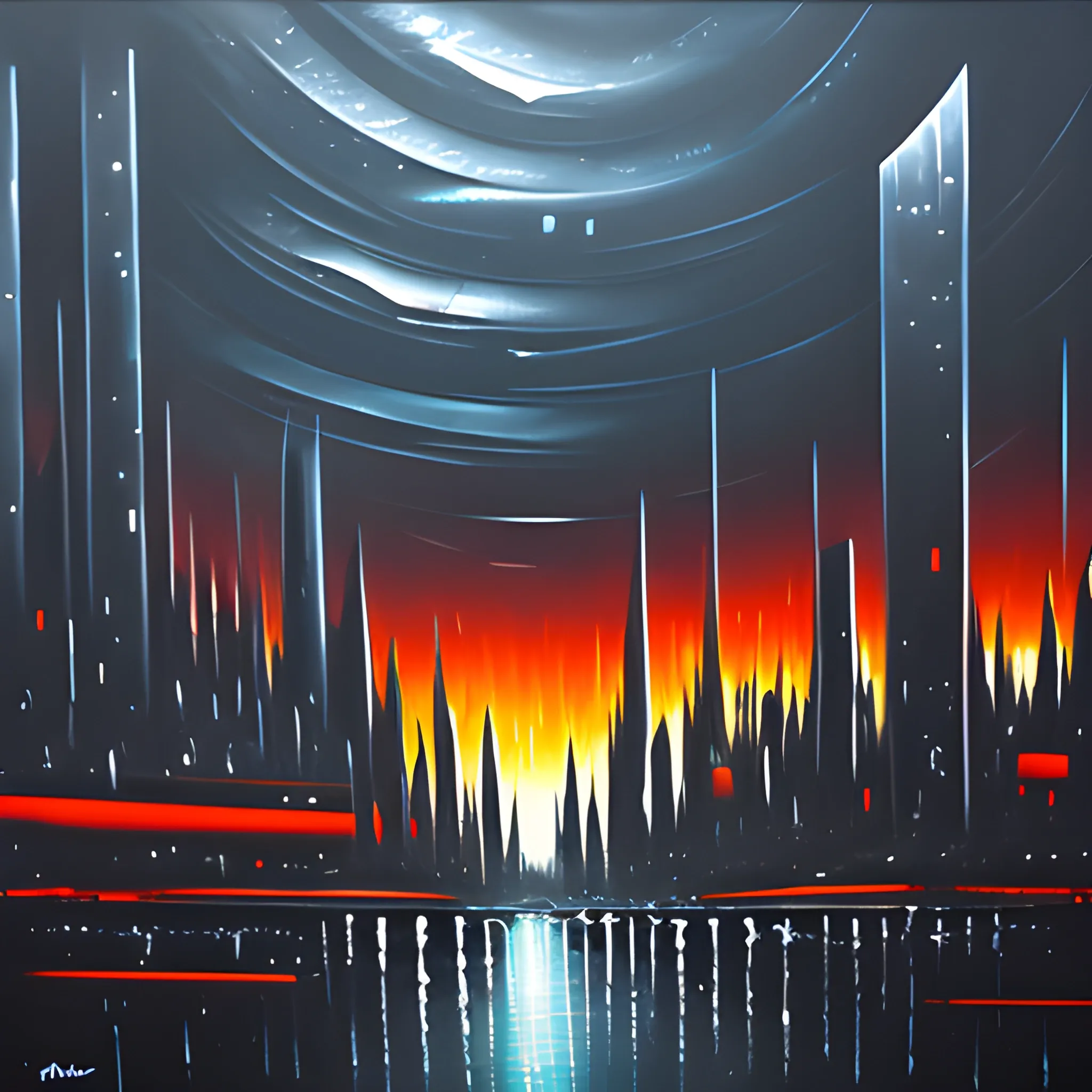 abstract futuristic landscape of a dark city, Oil Painting