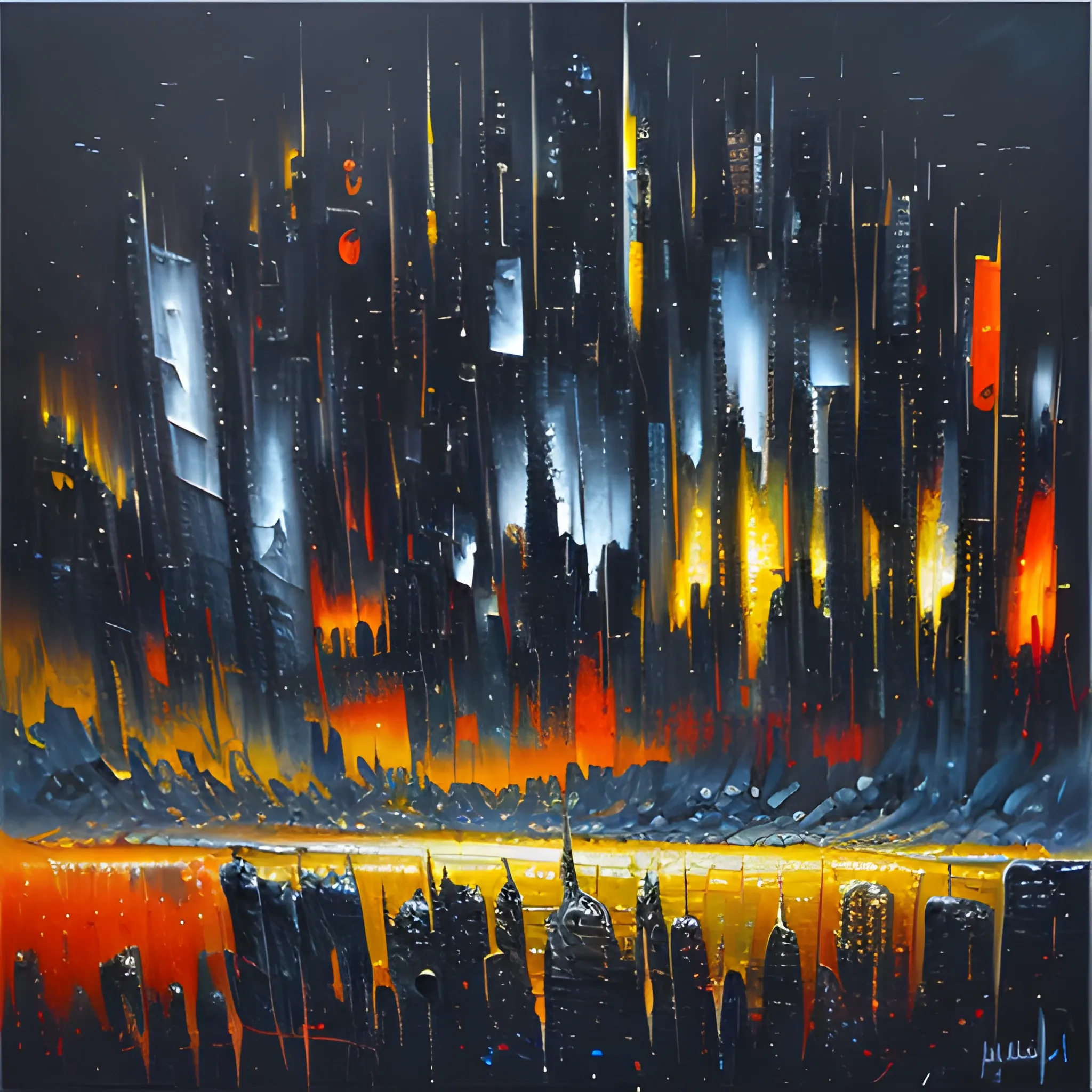 abstract futuristic landscape of a dark city paul kenton style, Oil Painting