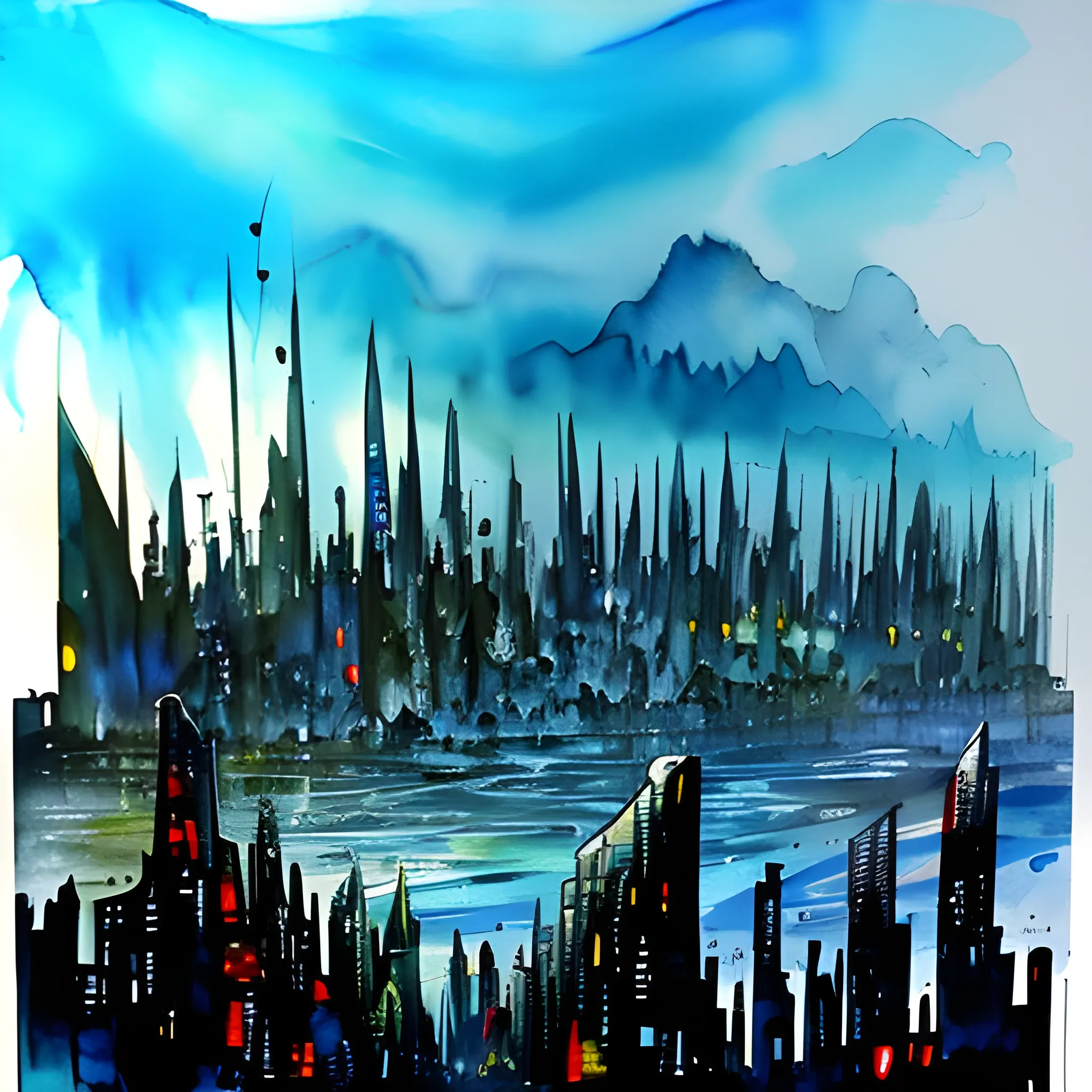 abstract futuristic landscape of a dark city paul kenton style, Water Color