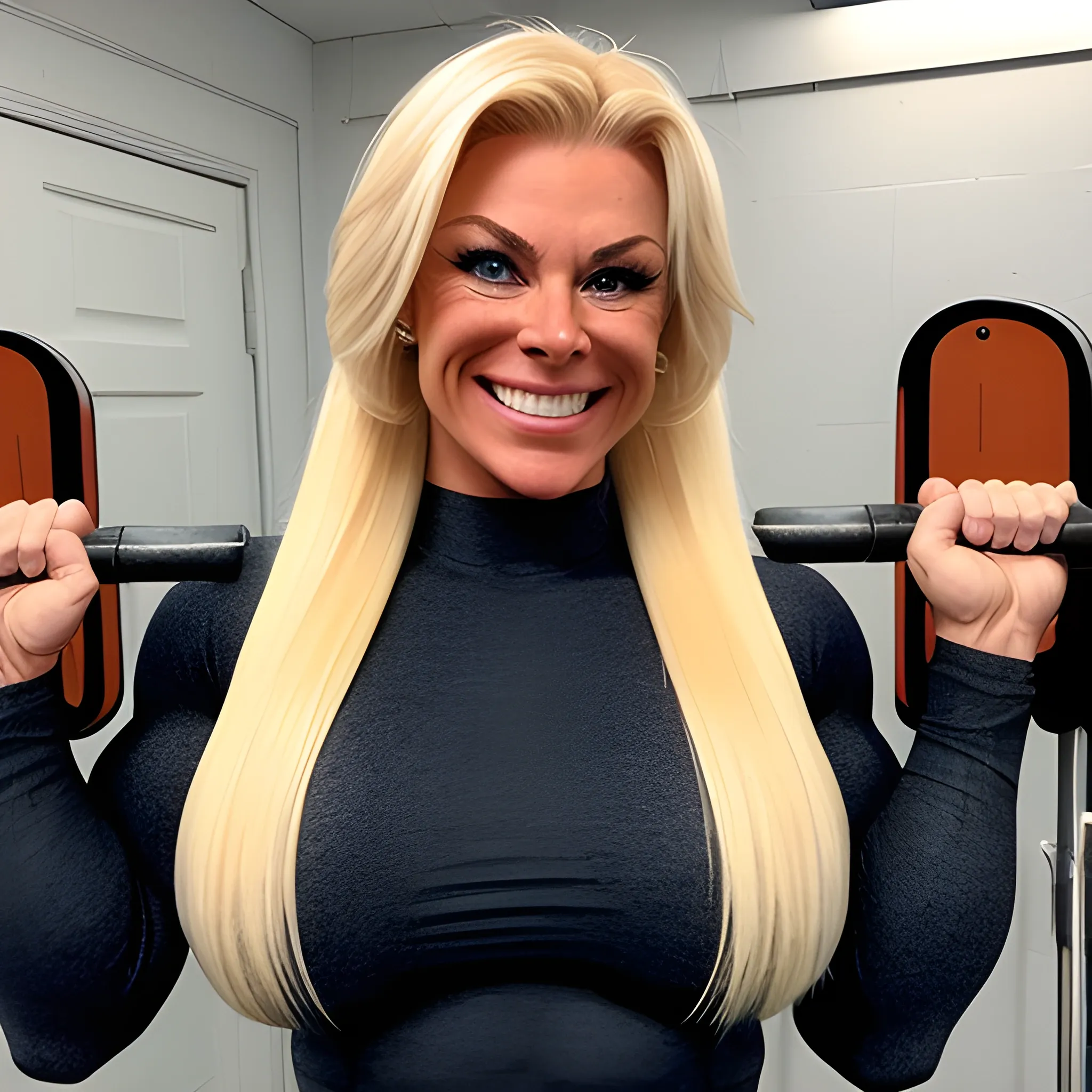 extremely beautiful Swedish HUGE female bodybuilding competitor, with blonde hair in ponytail, with large breast implants, perfect in every way, with unusually large bicep peaks, with very narrow waist, with very slender hips, with long thick muscular legs, full red lips, with perfect teeth, smile, with tight firm buttocks, wearing tight long sleeve wool sweater and black leggings, flexing thick pectoral muscles, skiing on mountain, view from front