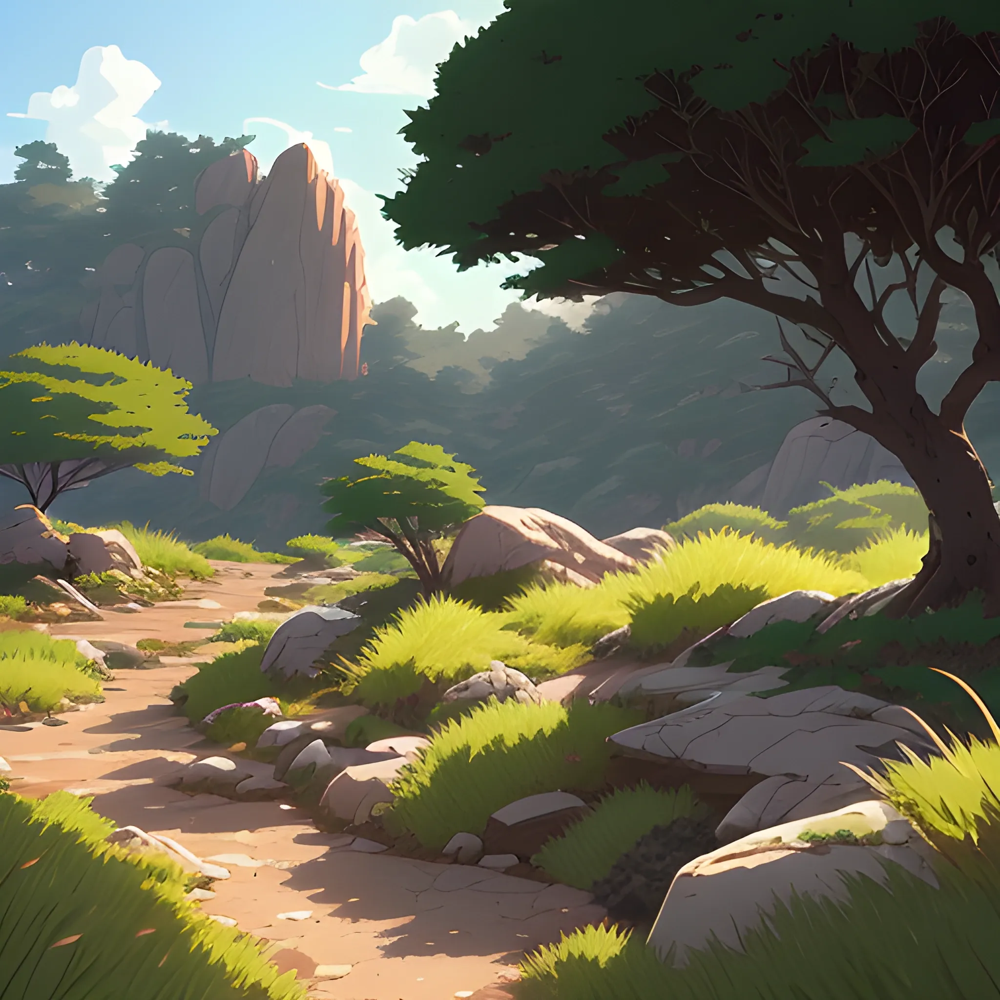 a bush with rocks and grasses... in the style of makoto shinkai and greg rutkowski and albert bierstadt and james gurney