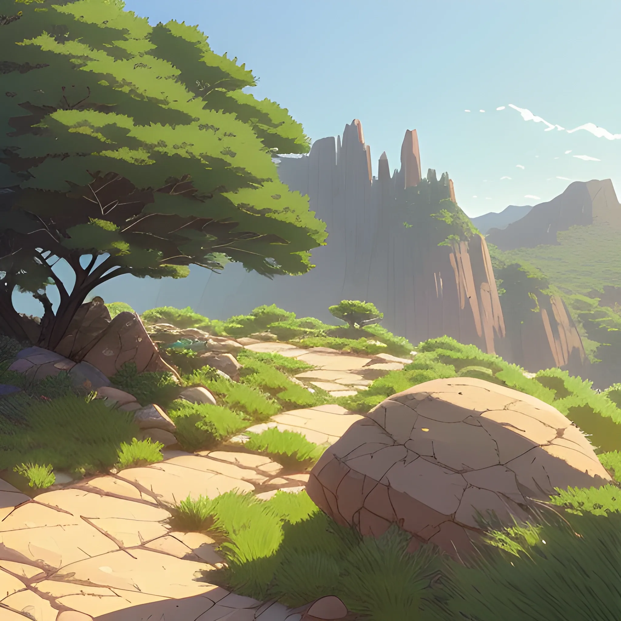 a bush with rocks and grasses... in the style of makoto shinkai and greg rutkowski and albert bierstadt and james gurney