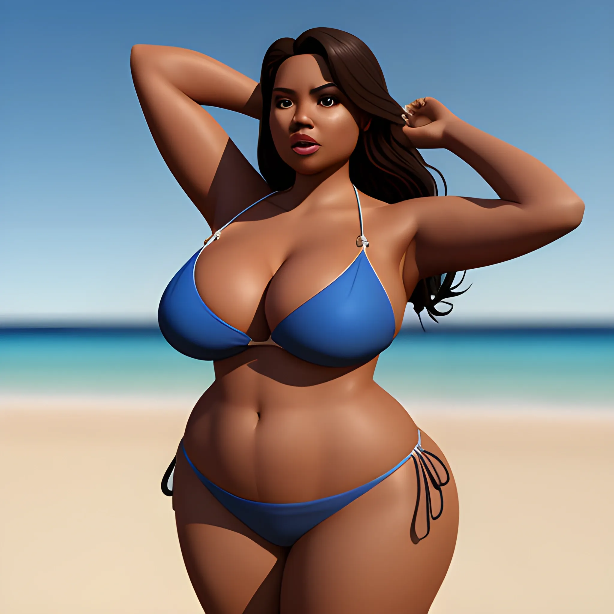 curvy woman with mixed skin in a luxury bikini standing up
, 3D