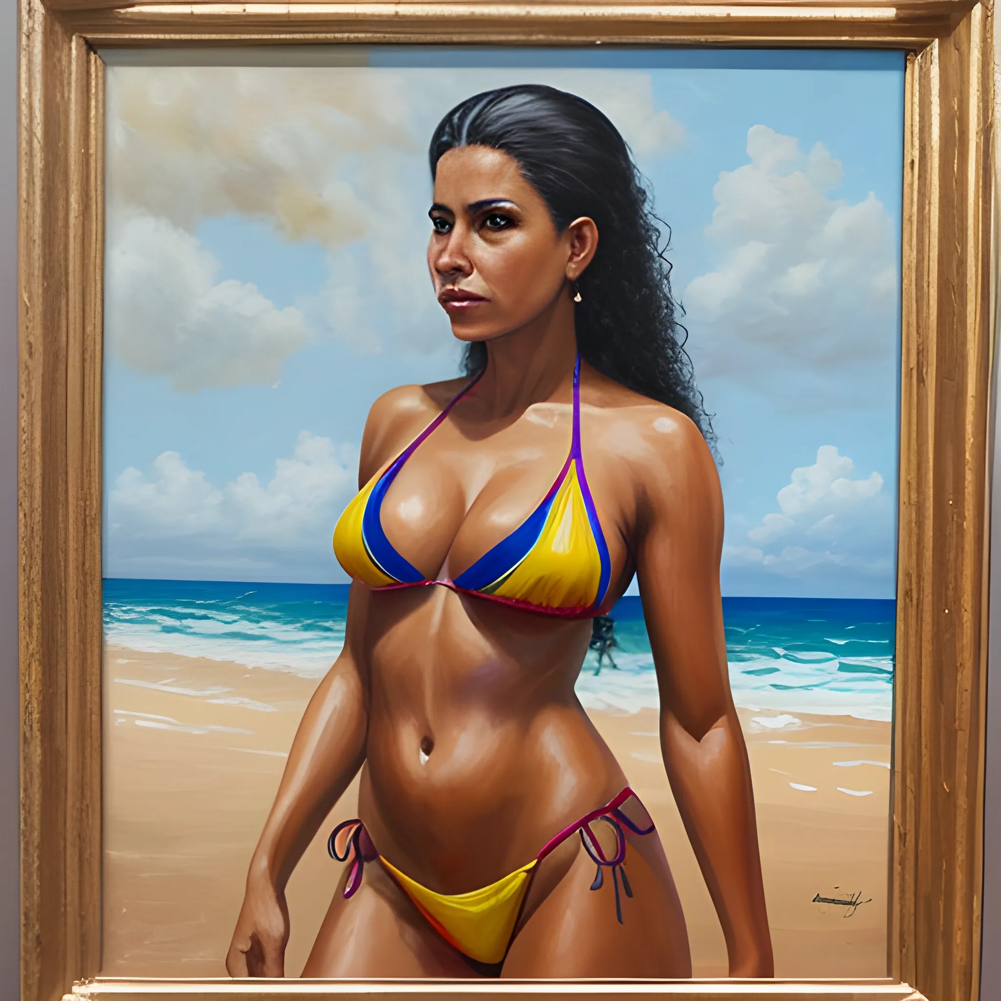 colombian woman with mixed skin in a luxury bikini standing up, Oil Painting