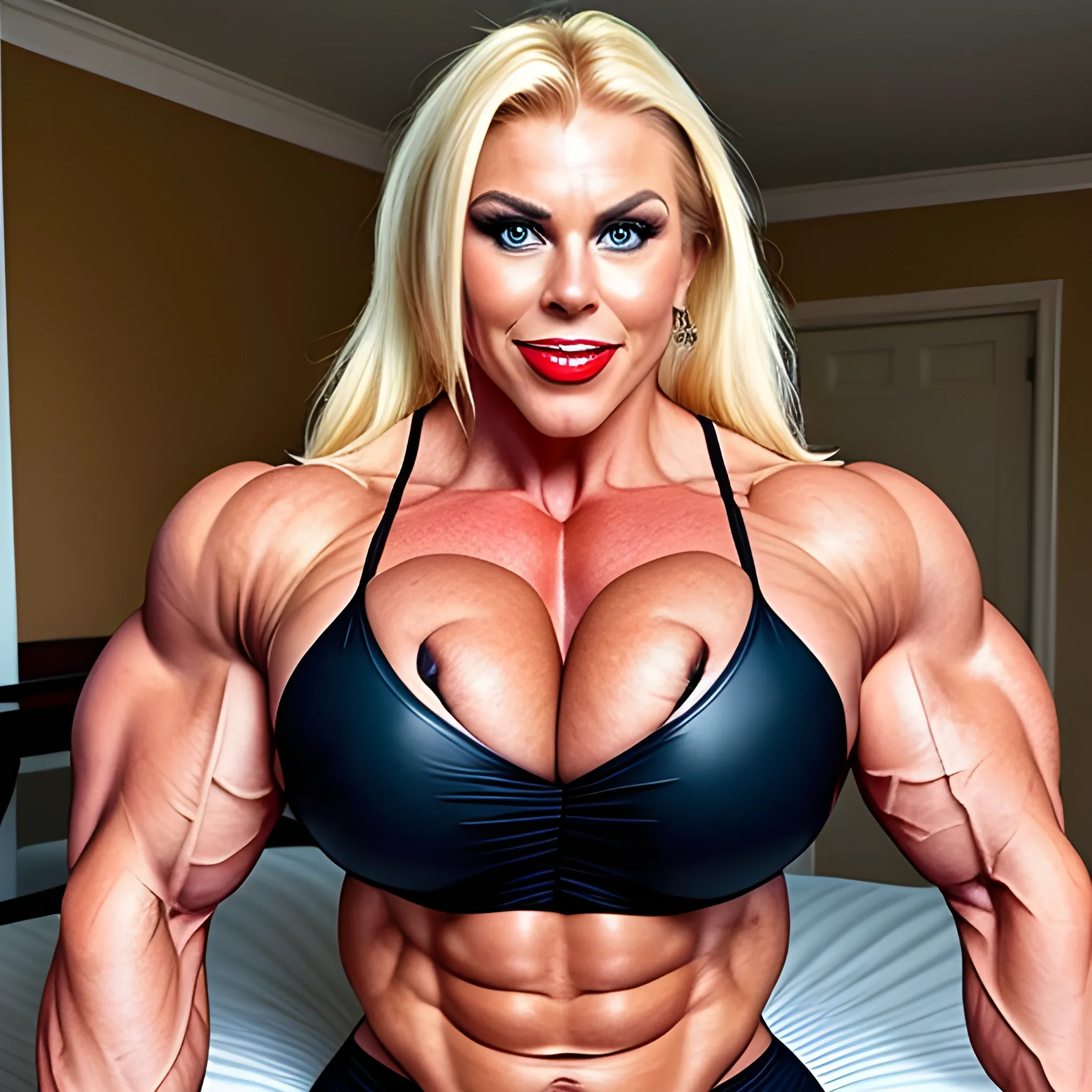 extremely beautiful 400 lbs Swedish HUGE female bodybuilding competitor, with blonde hair in ponytail, with large breast implants, perfect in every way, with unusually large bicep peaks, with very narrow waist, with very slender hips, with long thick muscular legs, full red lips, with perfect teeth, craving sex, wanton, licking lips, with tight firm buttocks, wearing nightgown , flexing thick pectoral muscles, kneeling on bed, view from front