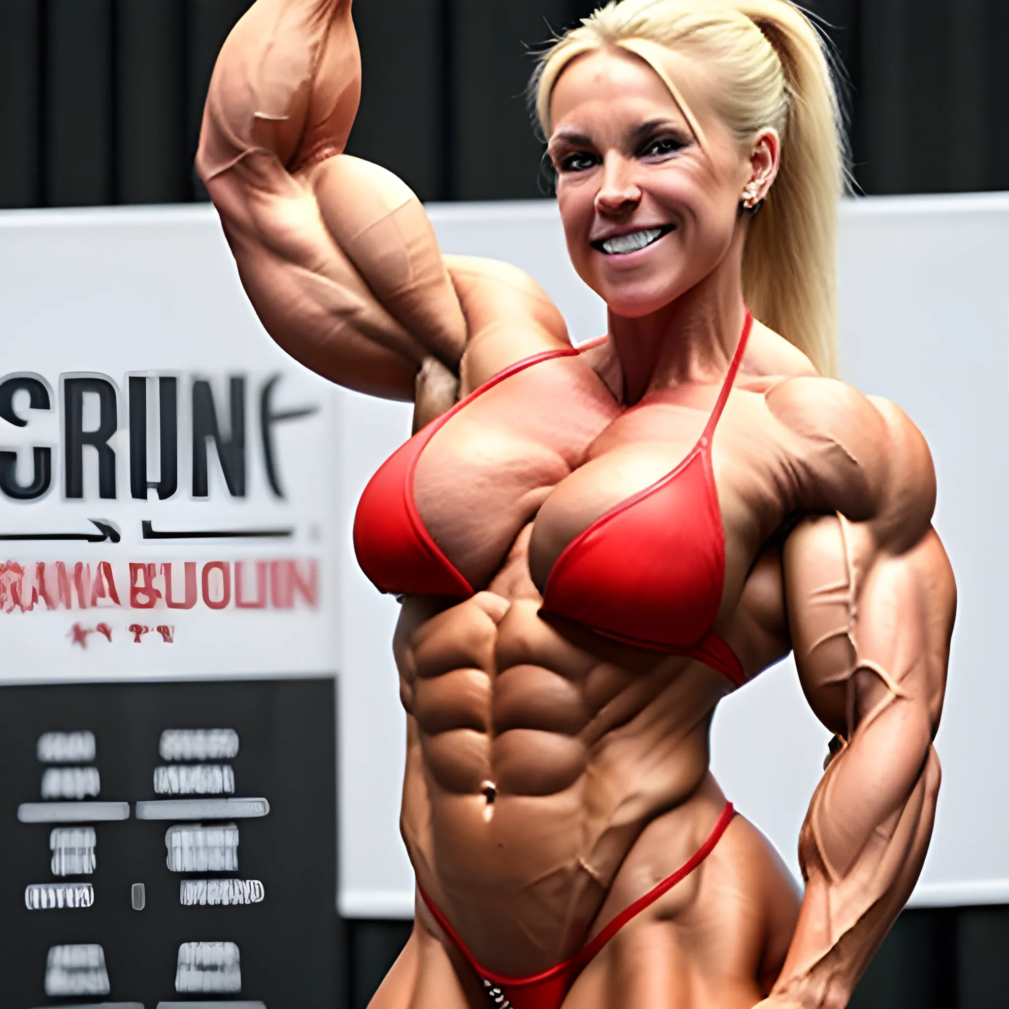 extremely beautiful Swedish HUGE female bodybuilding competitor, with blonde hair in ponytail, with large breast implants, perfect in every way, with unusually large bicep peaks, with very narrow waist, with very slender hips, with long thick muscular legs, full red lips, with perfect teeth, biting lower lip, with tight firm buttocks, wearing micro bikini, flexing thick trapezius muscles, winning in bodybuilding contest