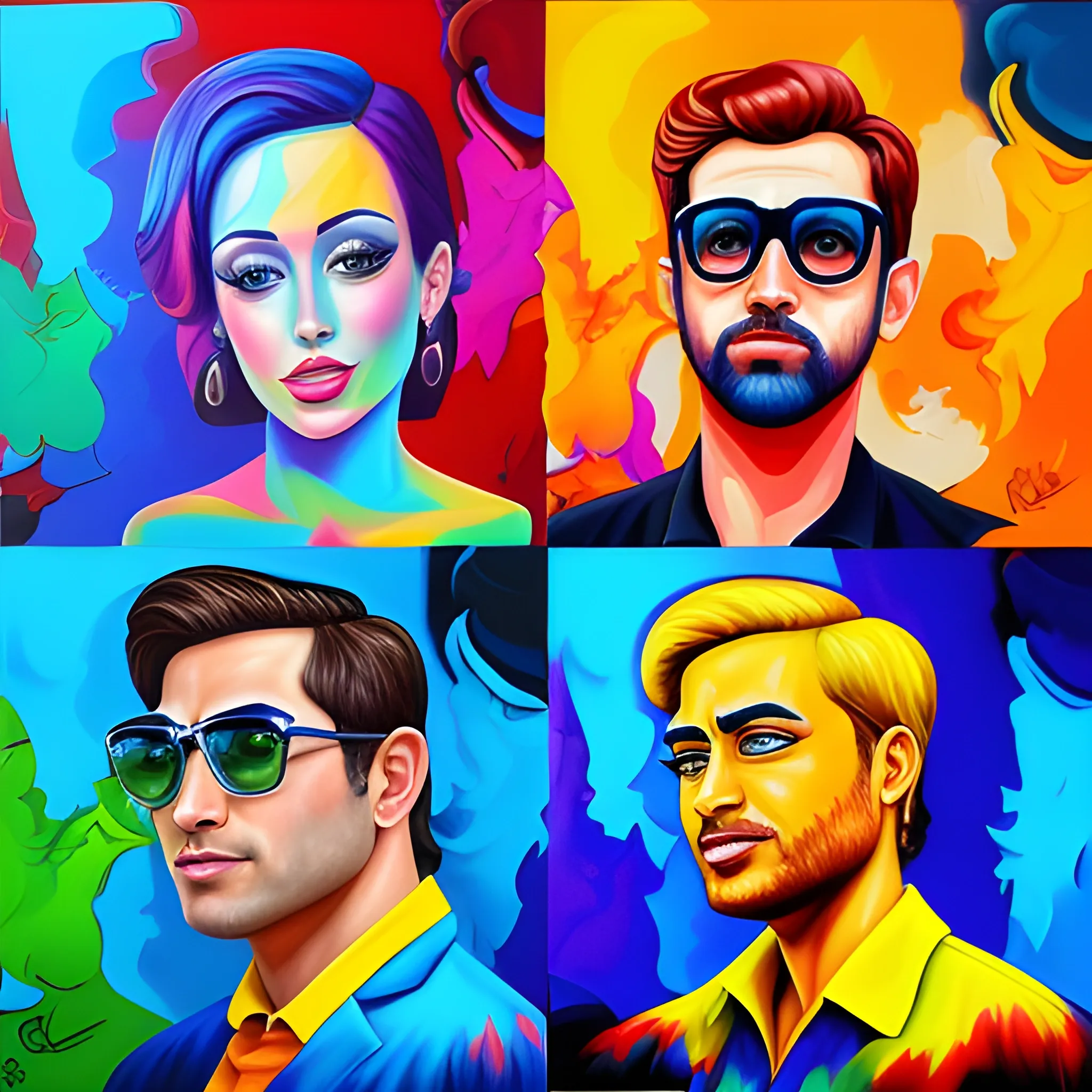 create painting of 4 celebrity’s in style of cartoon modern, trippy, oil painting 