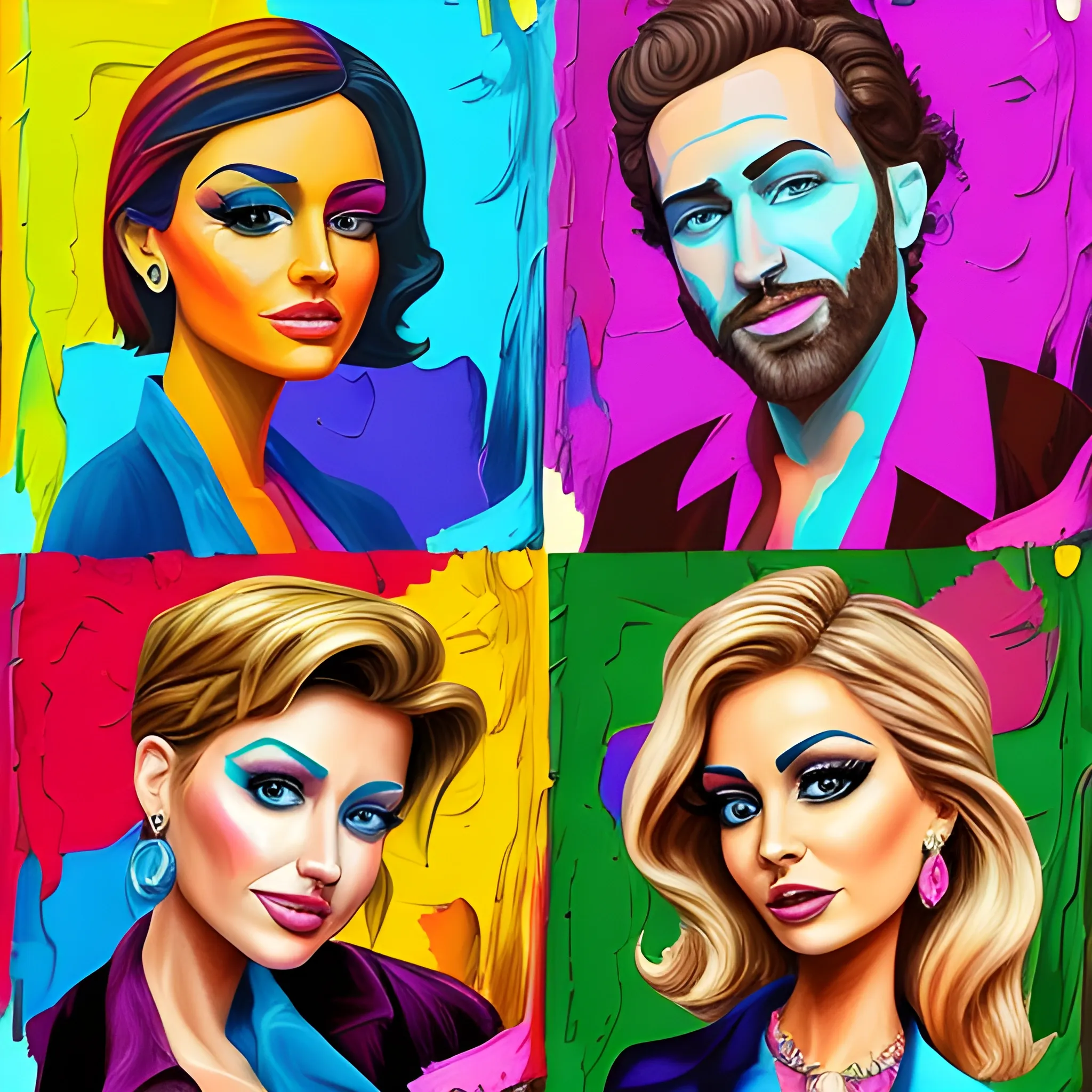 create painting of 4 celebrity’s in style of cartoon modern, trippy, oil painting , brown accents and luxury, don’t make it colorful 