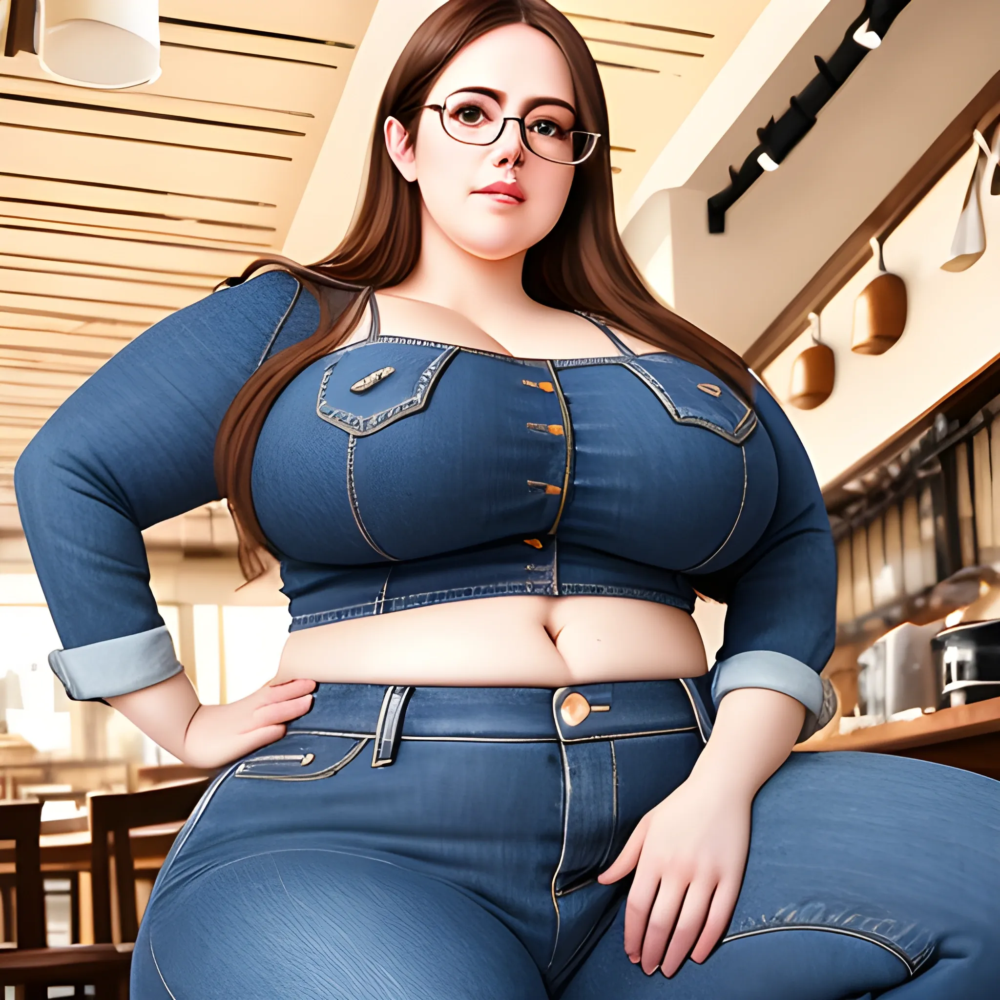 thicc huge mommy cute face shy chubby woman hugge  titanic top huge bottom hugge belly thick thighs in jeans sitting , glasses, side view, jeans, wide hips, in cafe, chubby midriff, mature face,