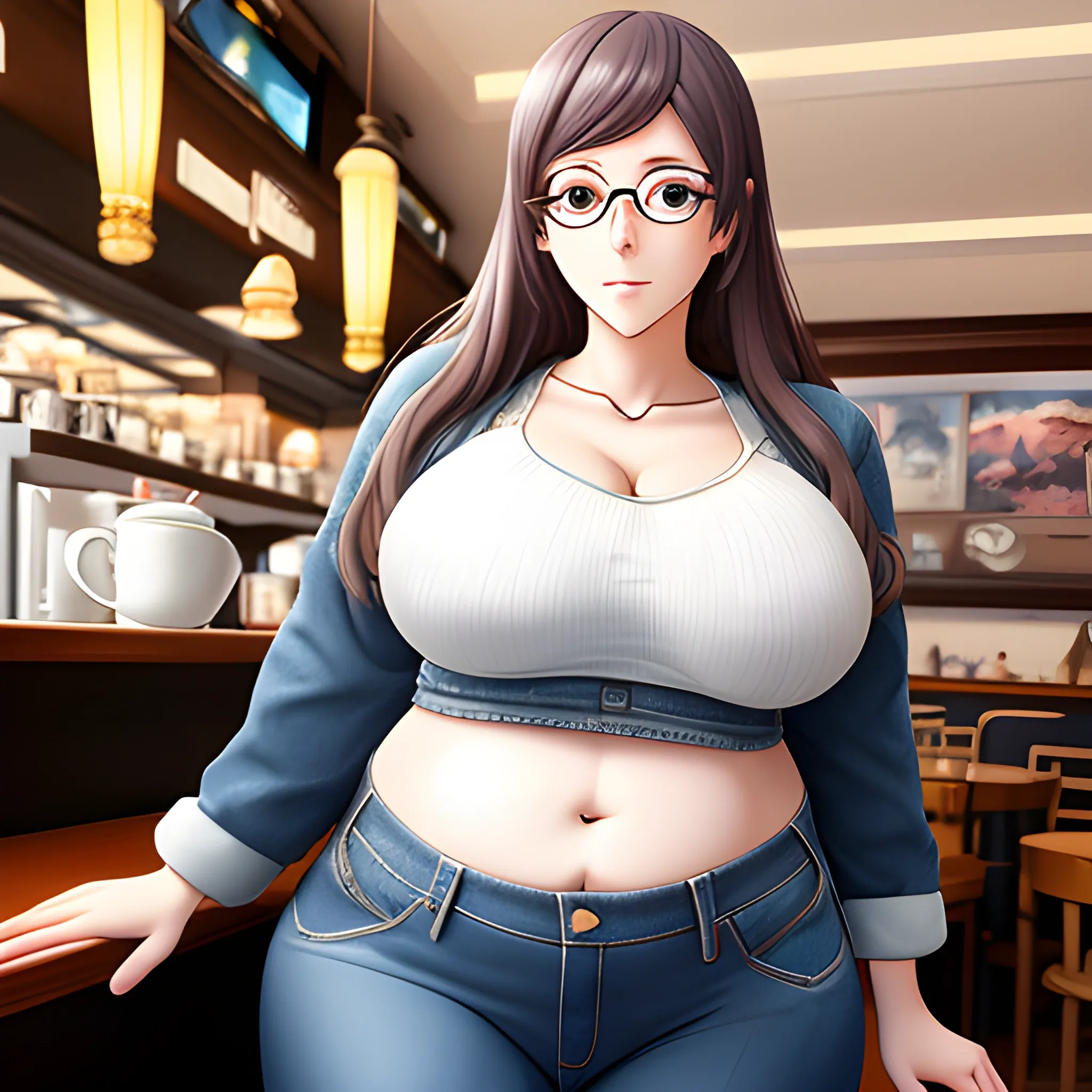 anime thicc huge mommy cute face hugge belly  shy chubby woman size of a gigant hugge titanic top huge bottom thick thighs in jeans sitting , glasses, side view, jeans, wide hips, in cafe, chubby midriff, mature face,