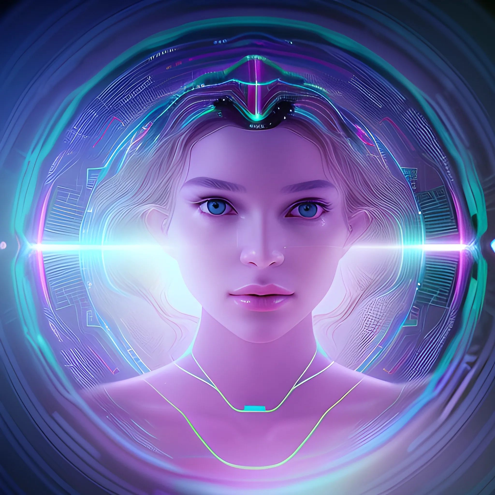 Frame a close body shot of the supermodel, reflecting a mesmerizing holographic display of the AI world’s interface. Employ a shallow depth of field to focus on the reflection while utilizing soft lighting to create a dreamlike atmosphere, depicting her initial mesmerizing encounter with AI.