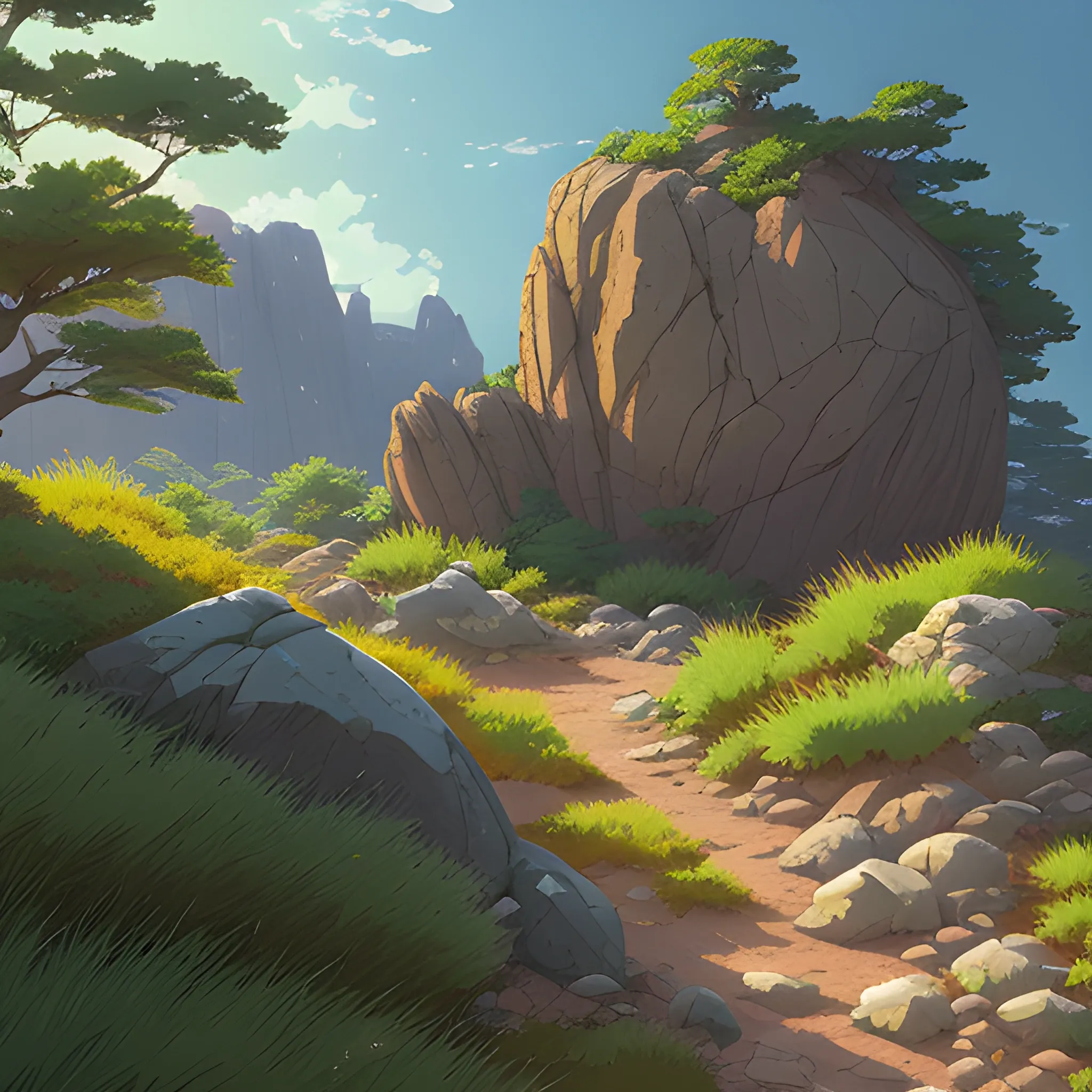 a bush with rocks and grasses... in the style of makoto shinkai and greg rutkowski and albert bierstadt and james gurney