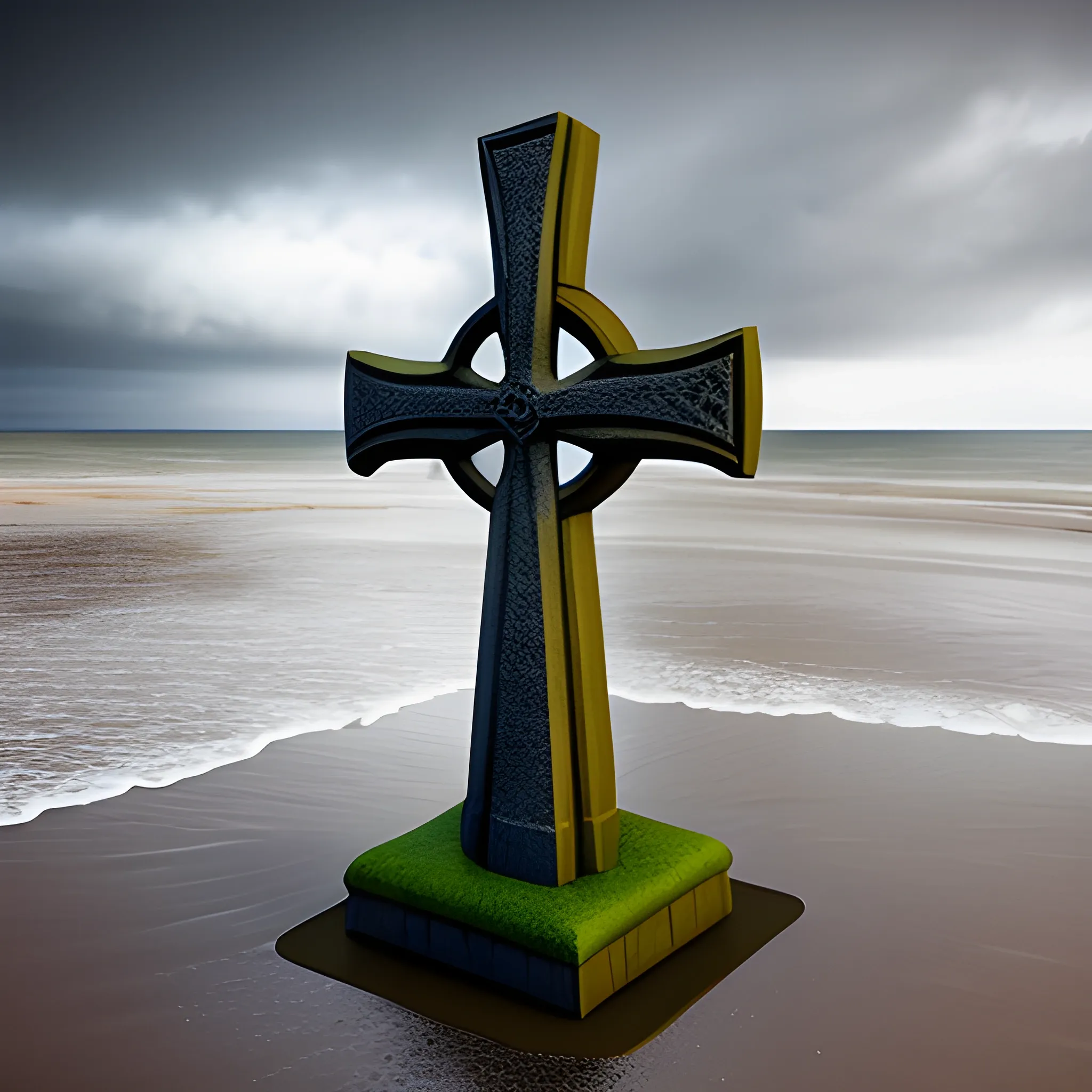 a 3d scene on a stormy beach in Wales with a Celtic cross statue made of limestone